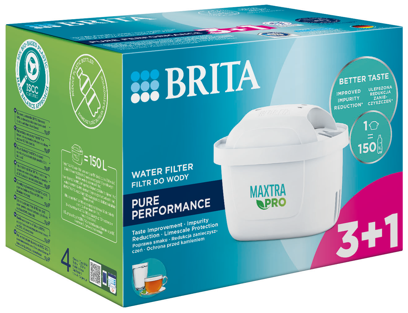Brita vízszűrő doboz. A szűrőt és a dobozt mutatja. Tartalmazza a 'pure performance' és a 'maxtra pro' szavakat.