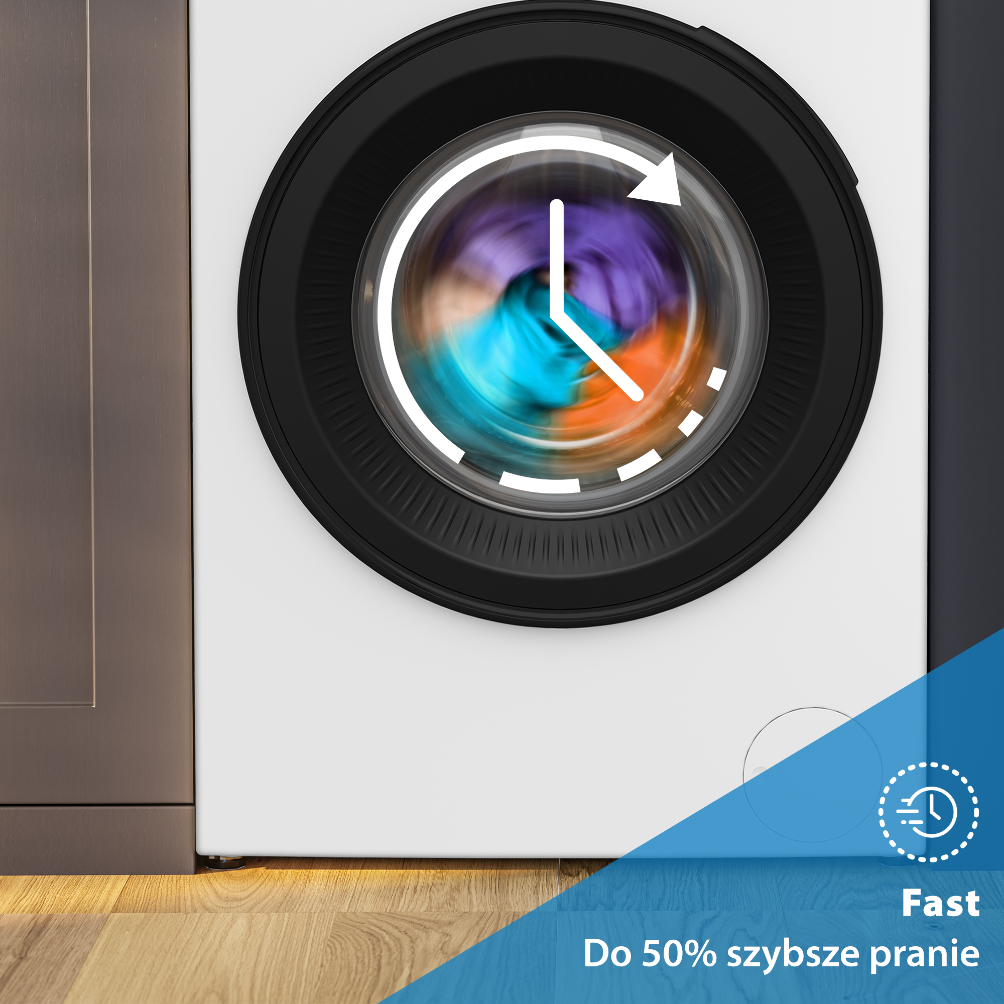 Pralka z ubraniami w środku i ikoną zegara. Tekst mówi: 'Szybkie, o 50% szybsze pranie'.