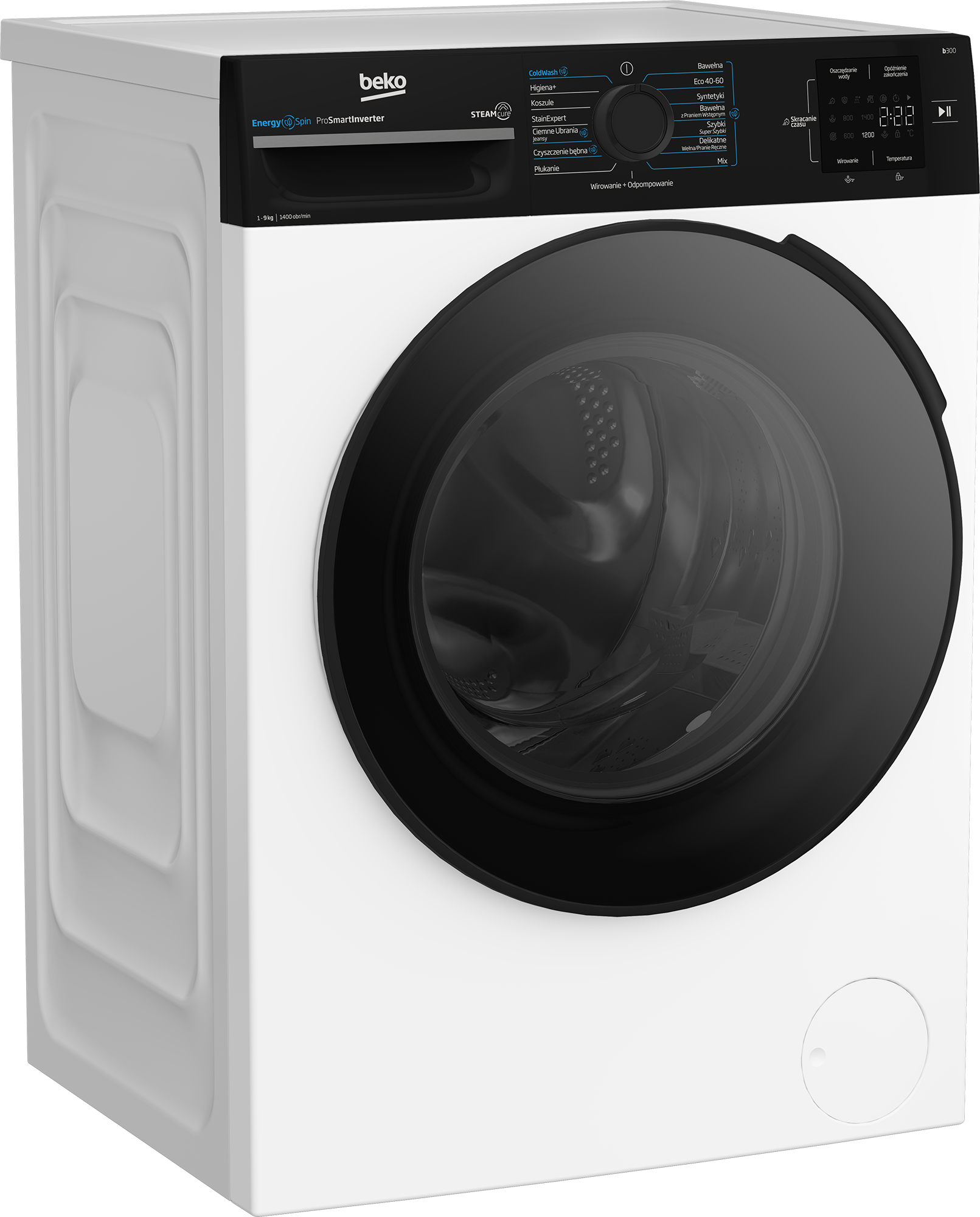 Biała pralka Beko z czarnymi drzwiami i panelem sterowania. Posiada wyświetlacz cyfrowy i różne opcje programów.