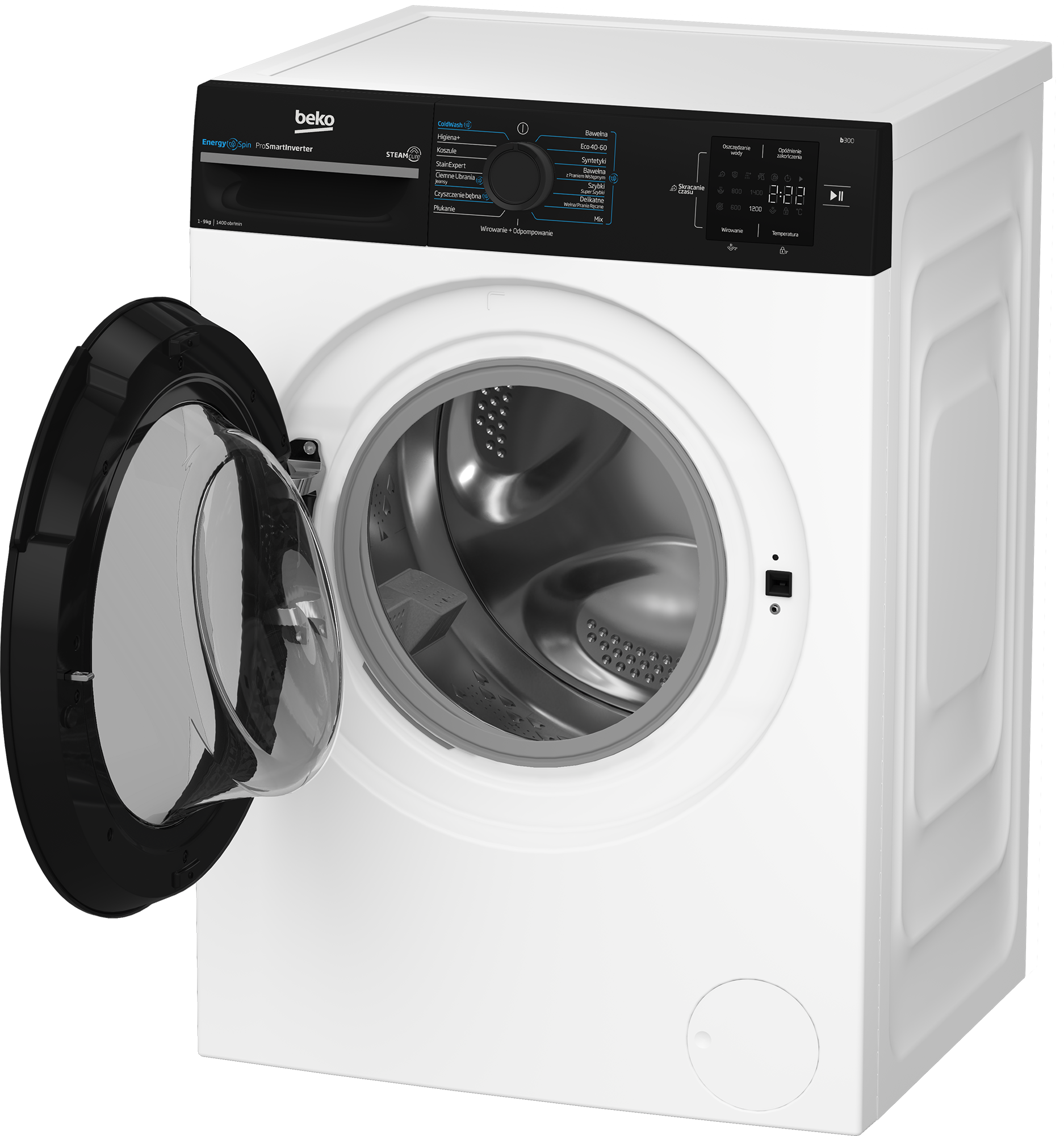 Biała pralka Beko z otwartymi czarnymi drzwiami, widoczny bęben. Panel sterowania u góry.