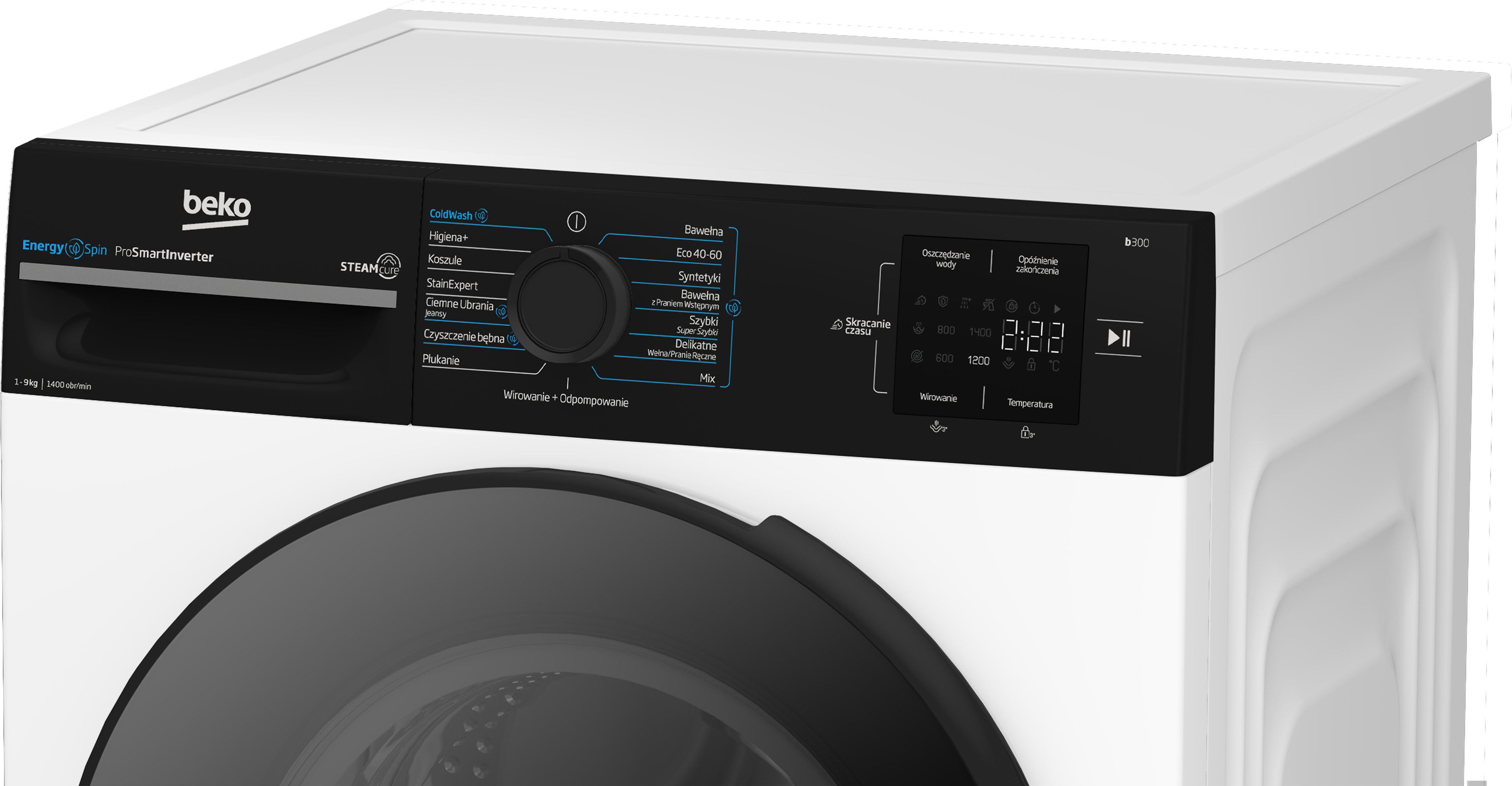 Biała pralka Beko z czarnym panelem sterowania wyświetla opcje i ustawienia prania.
