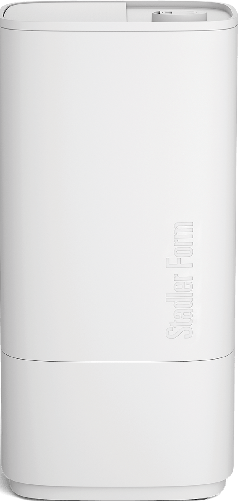 Un purificatore d'aria Stadler Form bianco, cilindrico. Ha la parte superiore arrotondata e il logo Stadler Form.