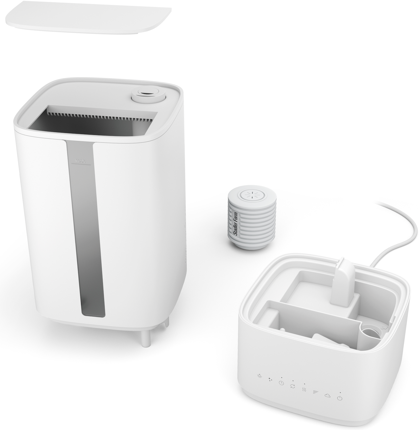 Umidificatore bianco smontato. I componenti includono un corpo principale, un coperchio, un pannello di controllo e un pezzo cilindrico separato.