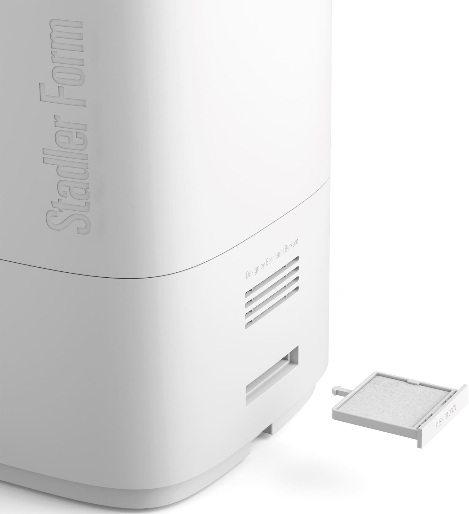 Purificatore d'aria bianco con vassoio filtro estratto. Il purificatore ha il marchio. Il filtro dice 'Premere per aprire'.
