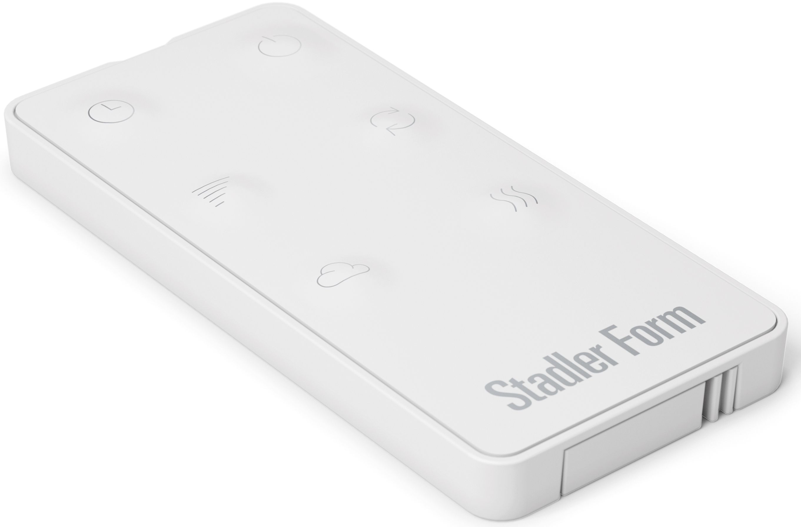 Telecomando Stadler Form bianco. Ha icone di accensione, timer, ventola e nuvola. Il logo Stadler Form è visibile.