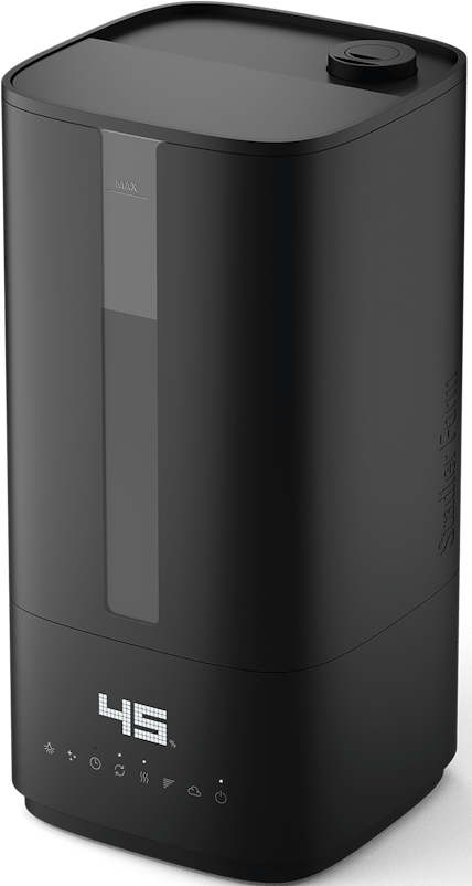 Umidificatore nero con display digitale '45'. Ha un indicatore del livello dell'acqua e il marchio Stadler Form.