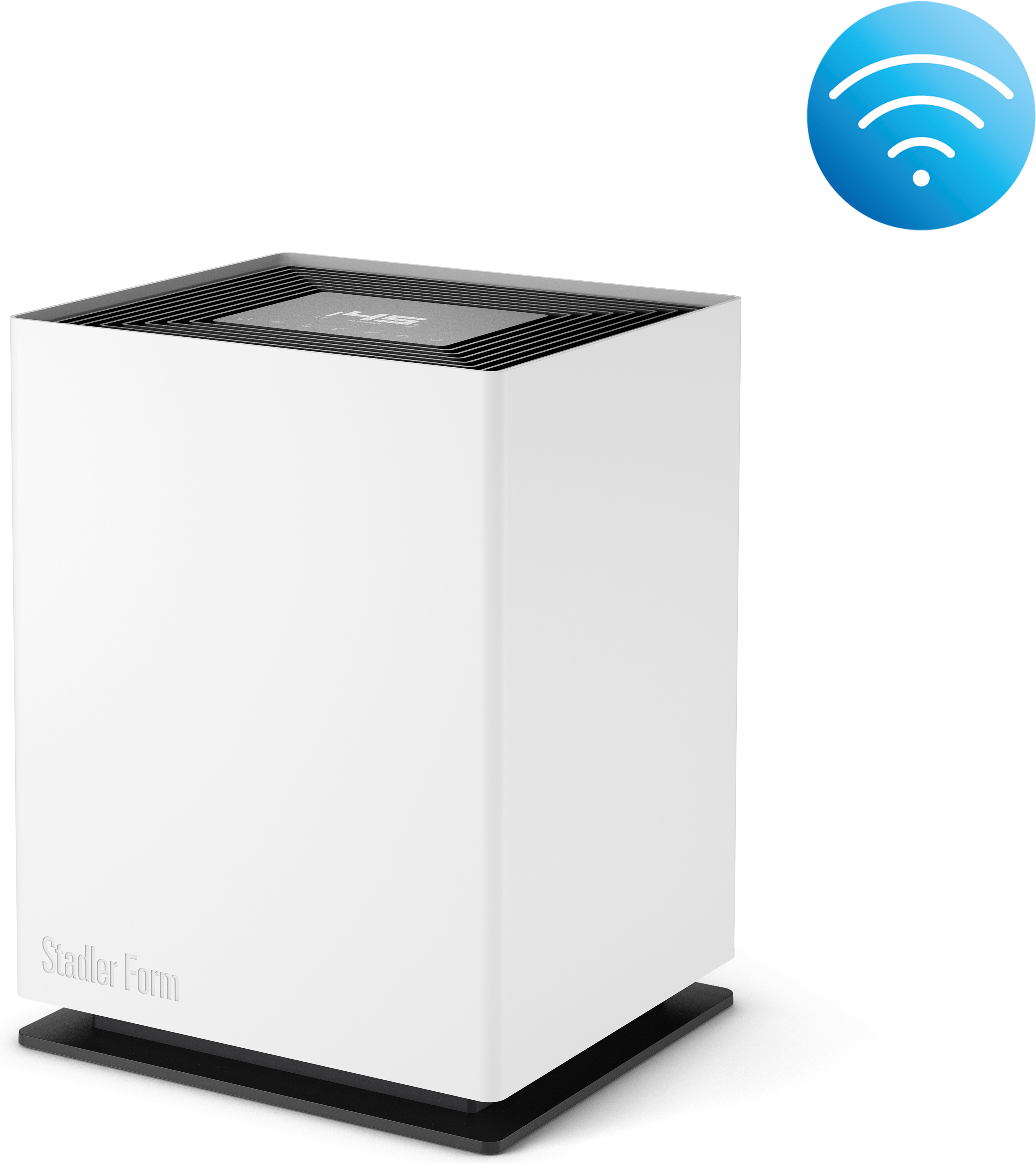 Un purificatore d'aria Stadler Form bianco con base nera e icona WiFi blu.