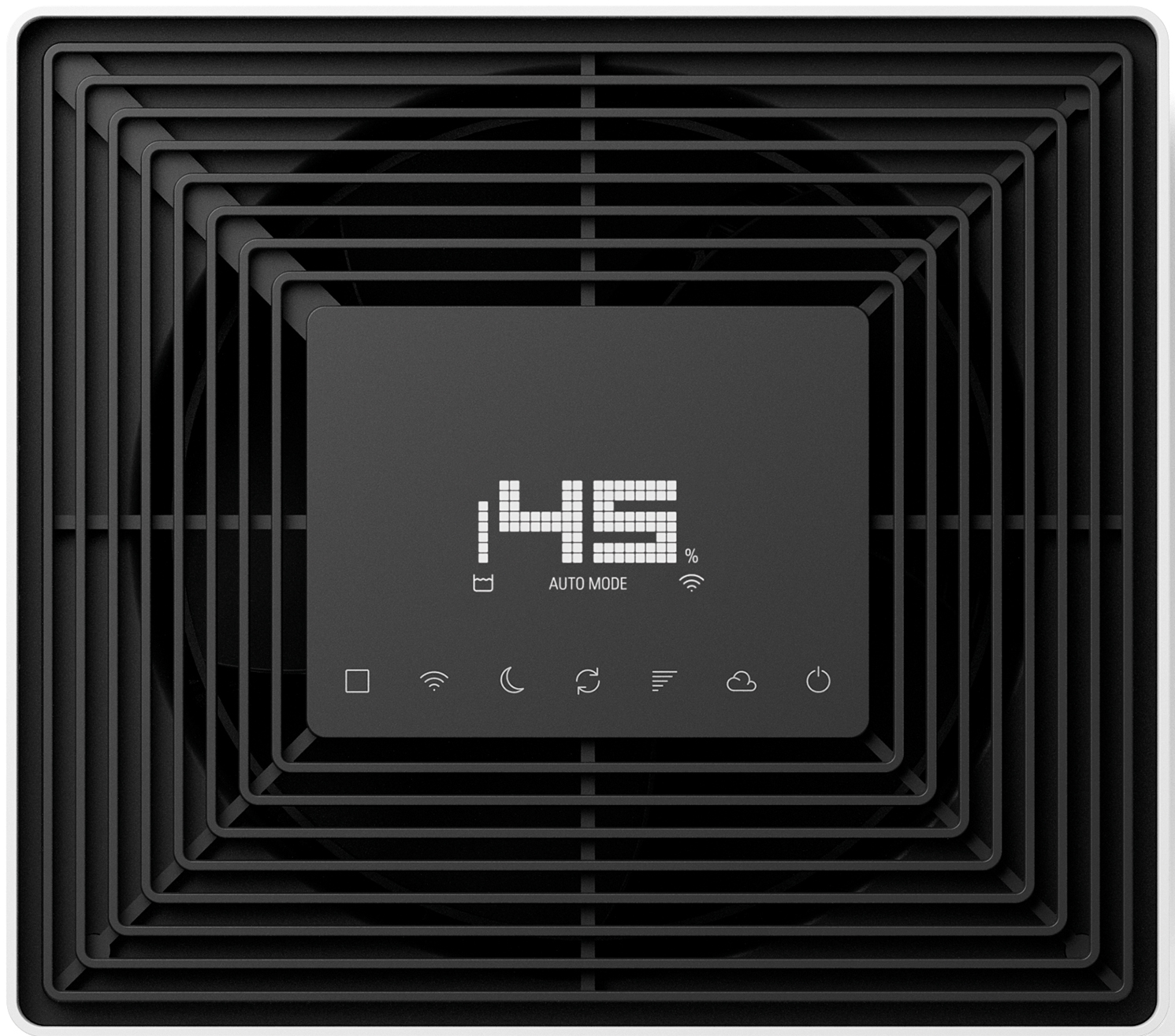Un purificatore d'aria nero con display digitale '45%'. Il display ha icone per funzioni, su una griglia geometrica.
