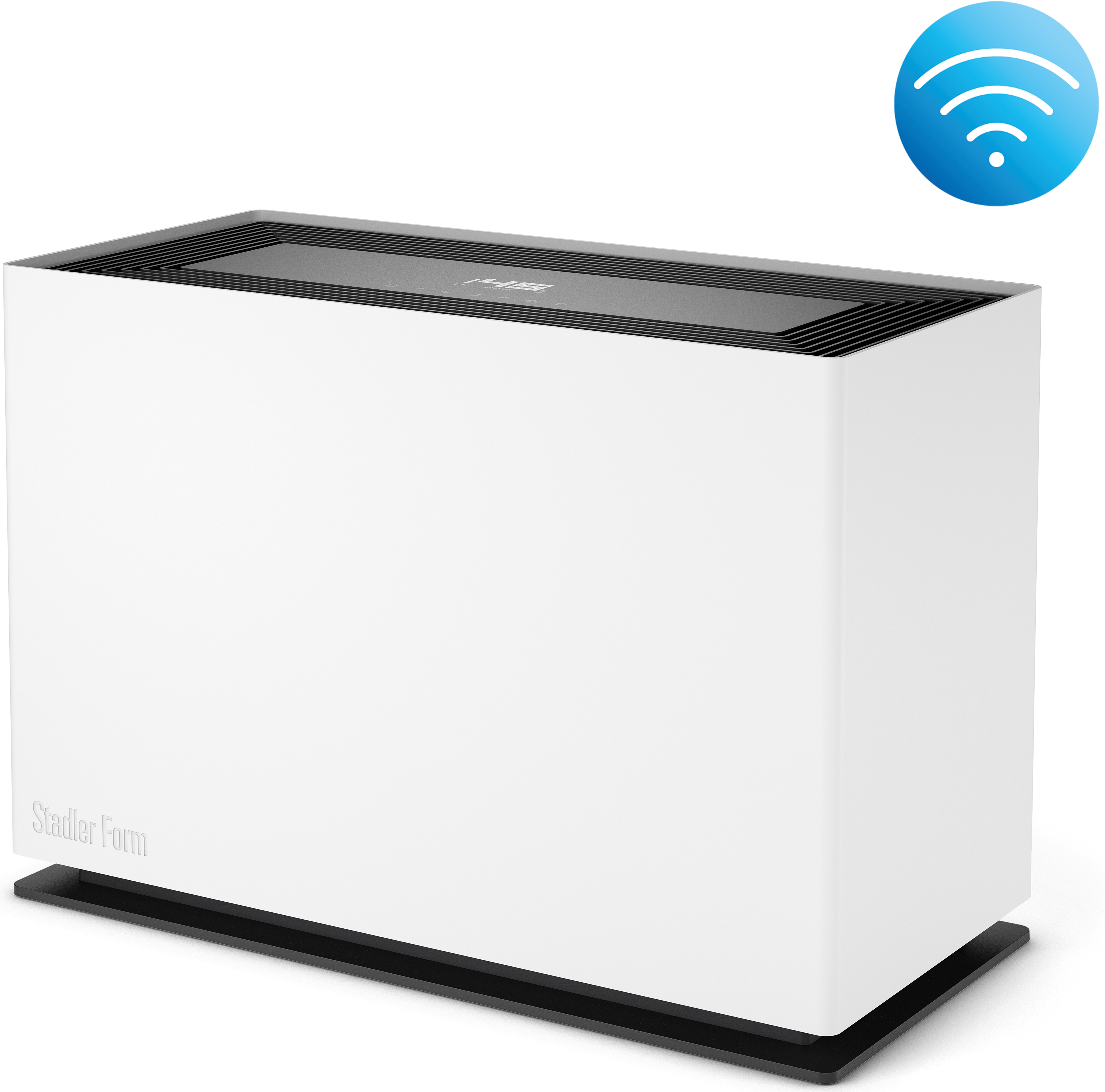 Un purificatore d'aria bianco Stadler Form. Ha una parte superiore e inferiore nera, con un simbolo WiFi.