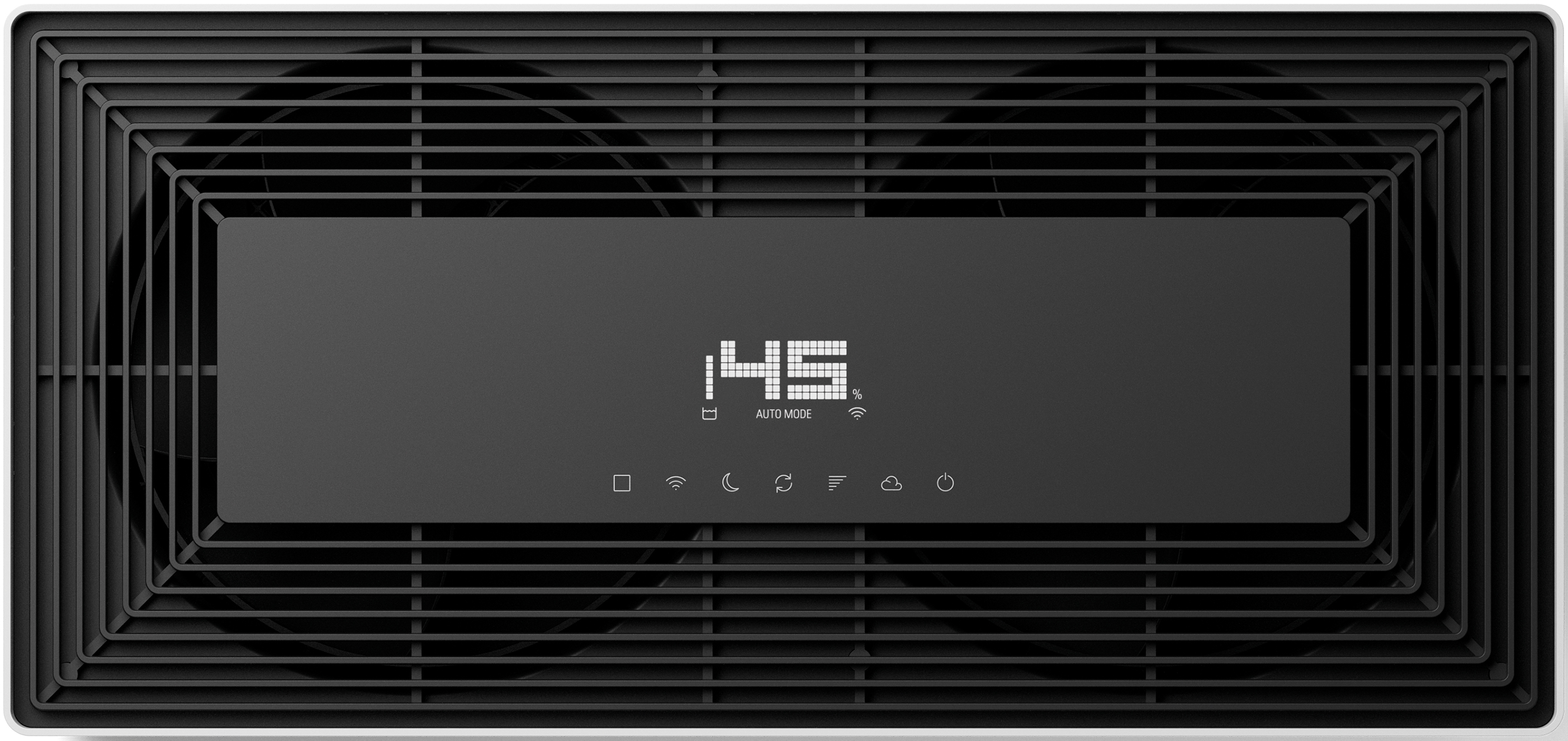 Un purificatore d'aria con pannello frontale nero che mostra '45' e icone. La parte superiore e i lati hanno un design a griglia.