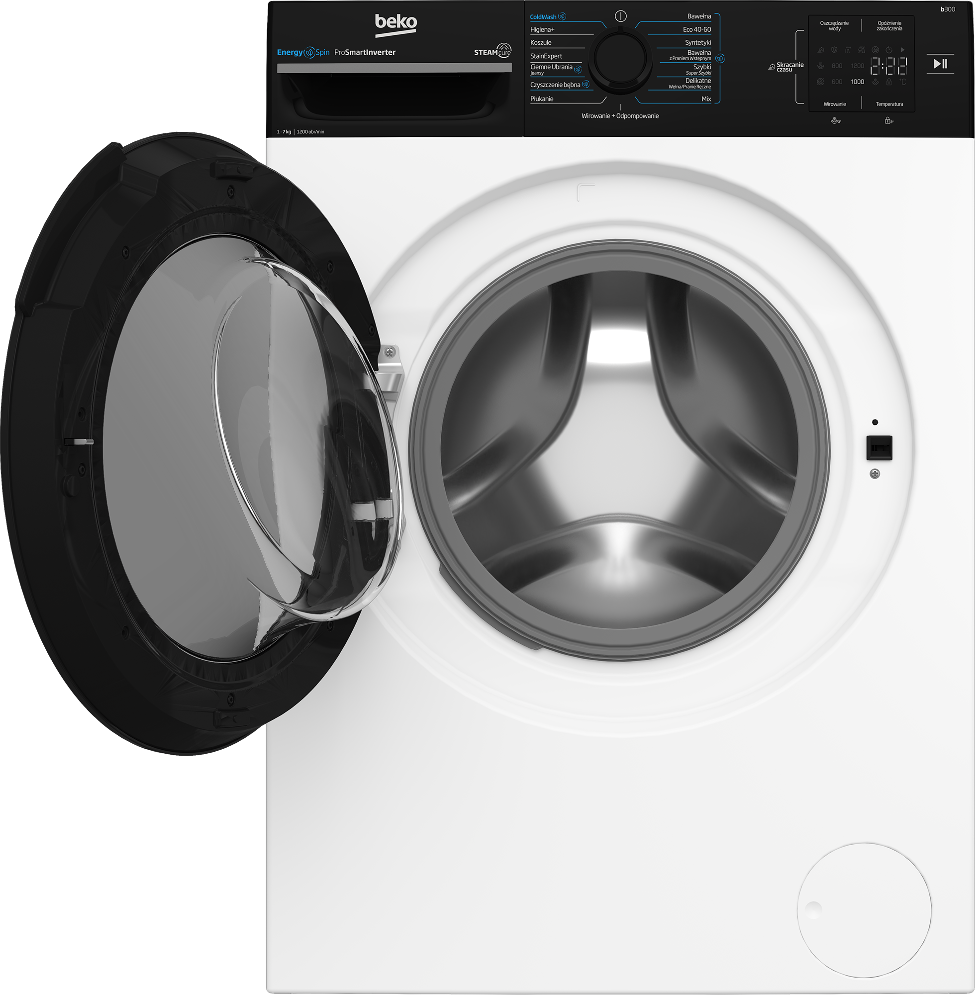 Biała pralka Beko z otwartymi drzwiami. Widoczne wnętrze bębna.