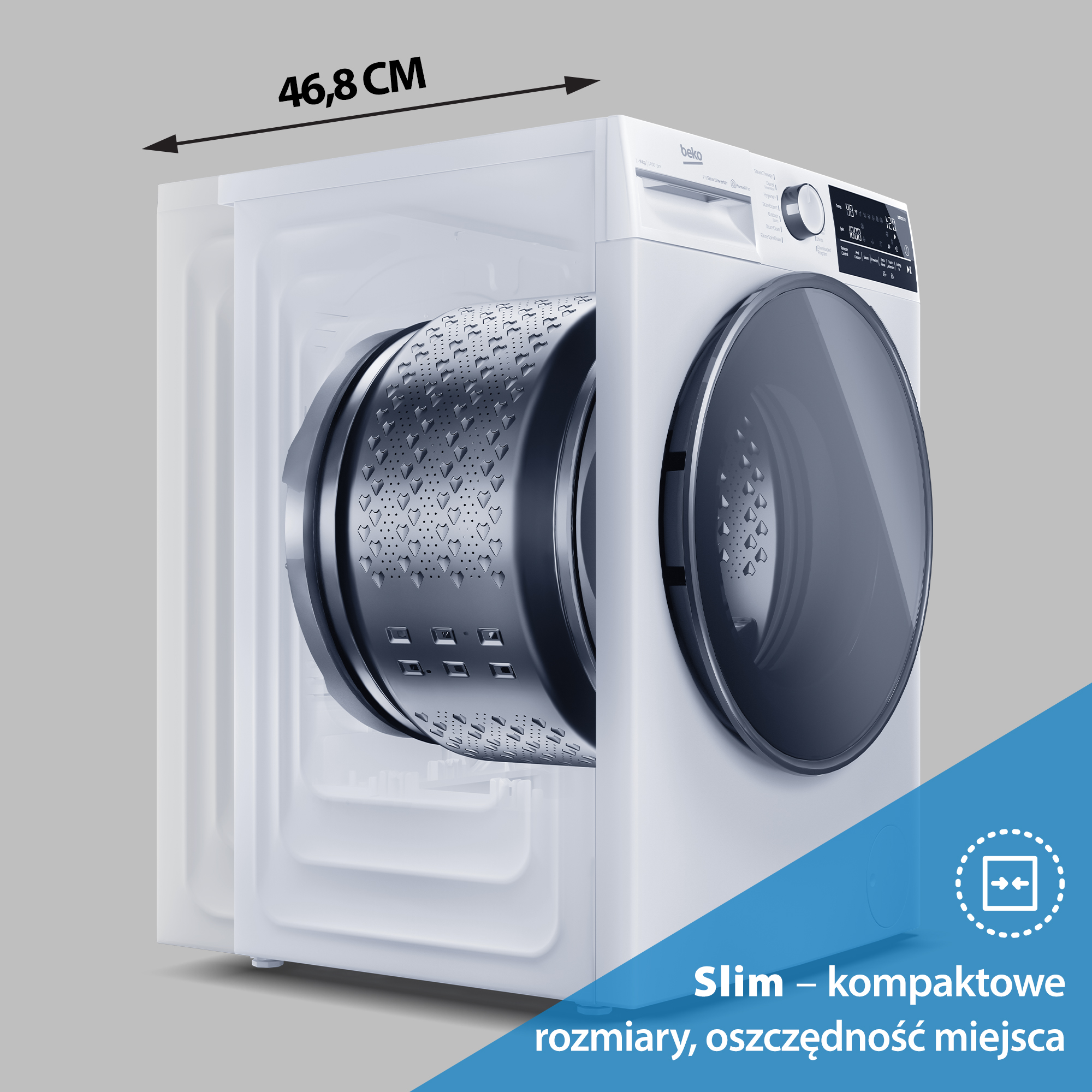 Biała pralka Beko o wymiarach 46,8 cm, podkreślająca smukłą konstrukcję i kompaktowe rozmiary.