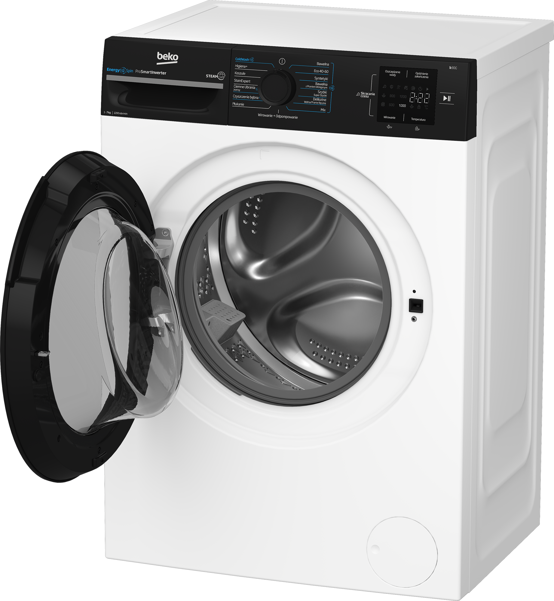 Biała pralka Beko z otwartymi czarnymi drzwiami. Panel sterowania znajduje się w prawym górnym rogu.