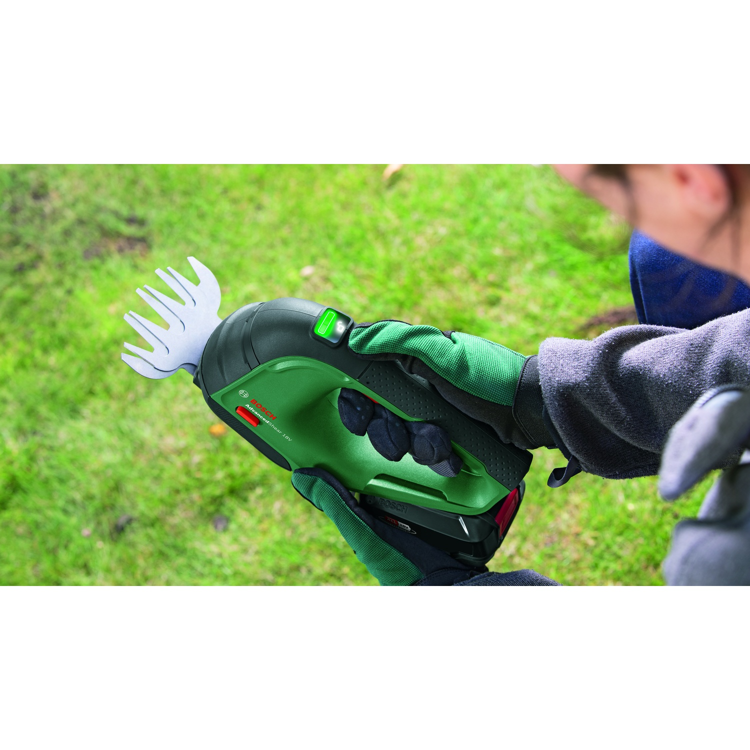 Una persona tiene in mano un tagliasiepi Bosch verde e nero con guanti verdi, su uno sfondo di erba verde.
