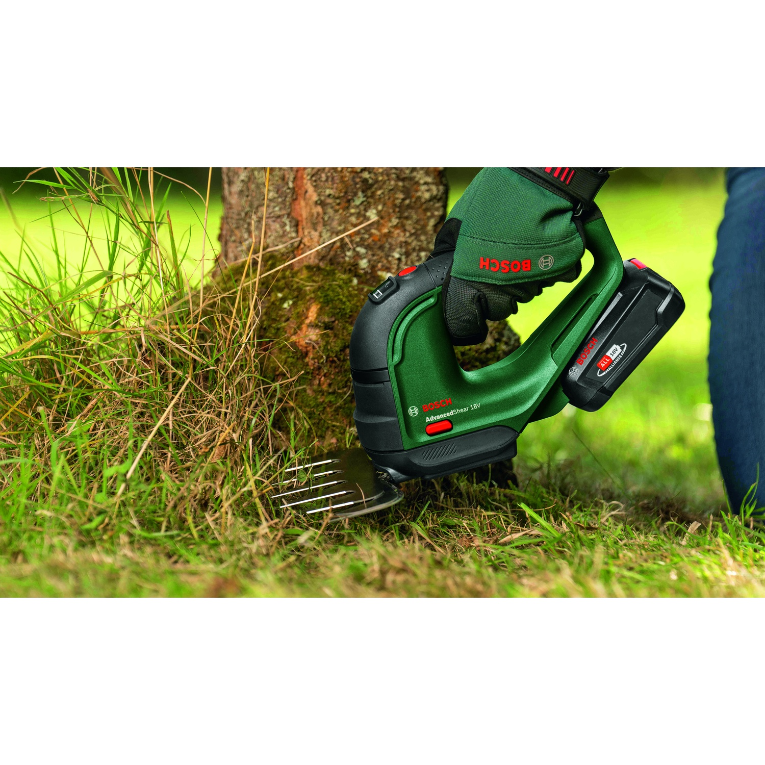 Una persona usa uno strumento verde Bosch AdvancedShear 18V per tagliare l'erba. La persona indossa guanti verdi. Un tronco d'albero è sullo sfondo.
