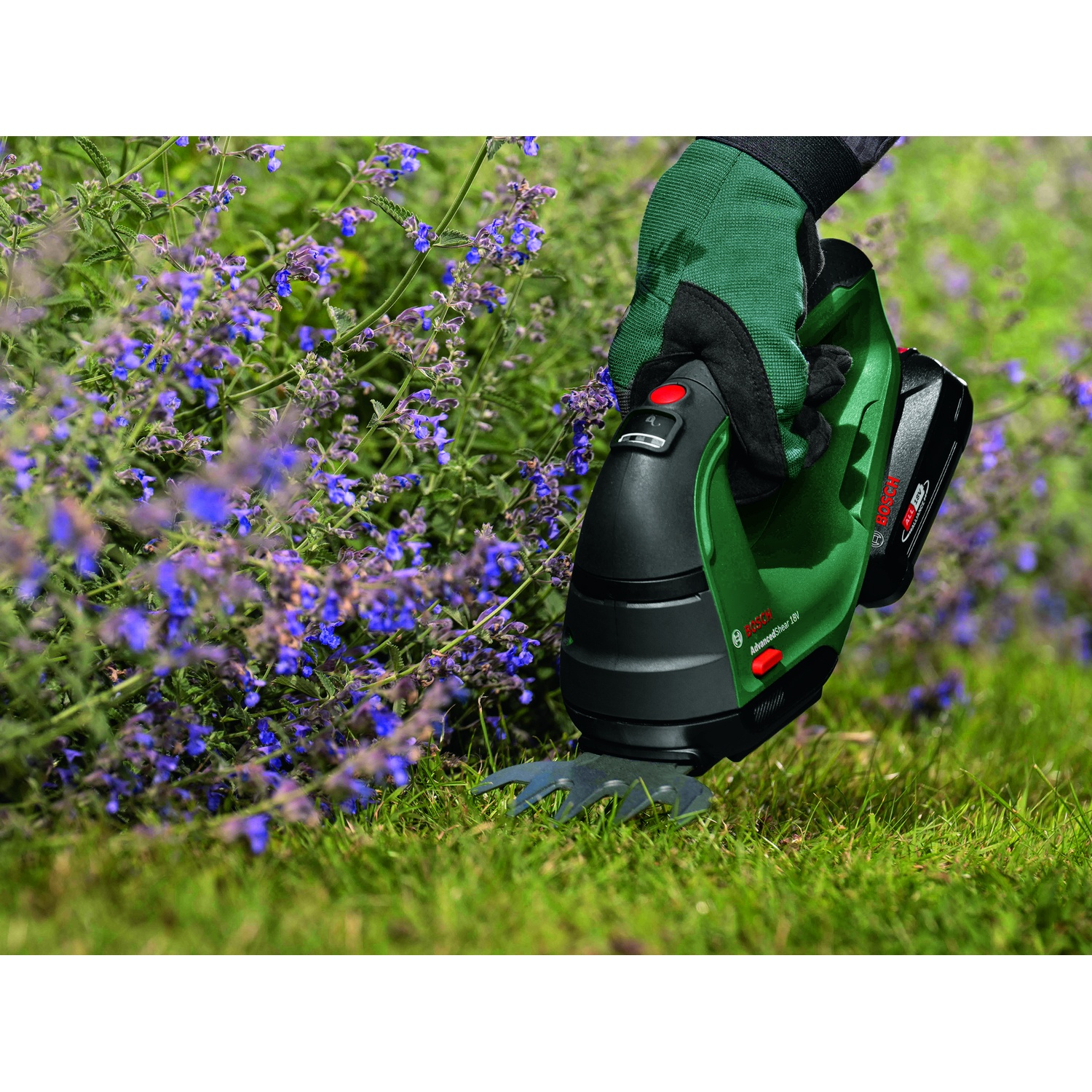 Una persona con un guanto verde usa un tagliaerba elettrico verde e nero per tagliare l'erba. Fiori viola ed erba verde sullo sfondo.