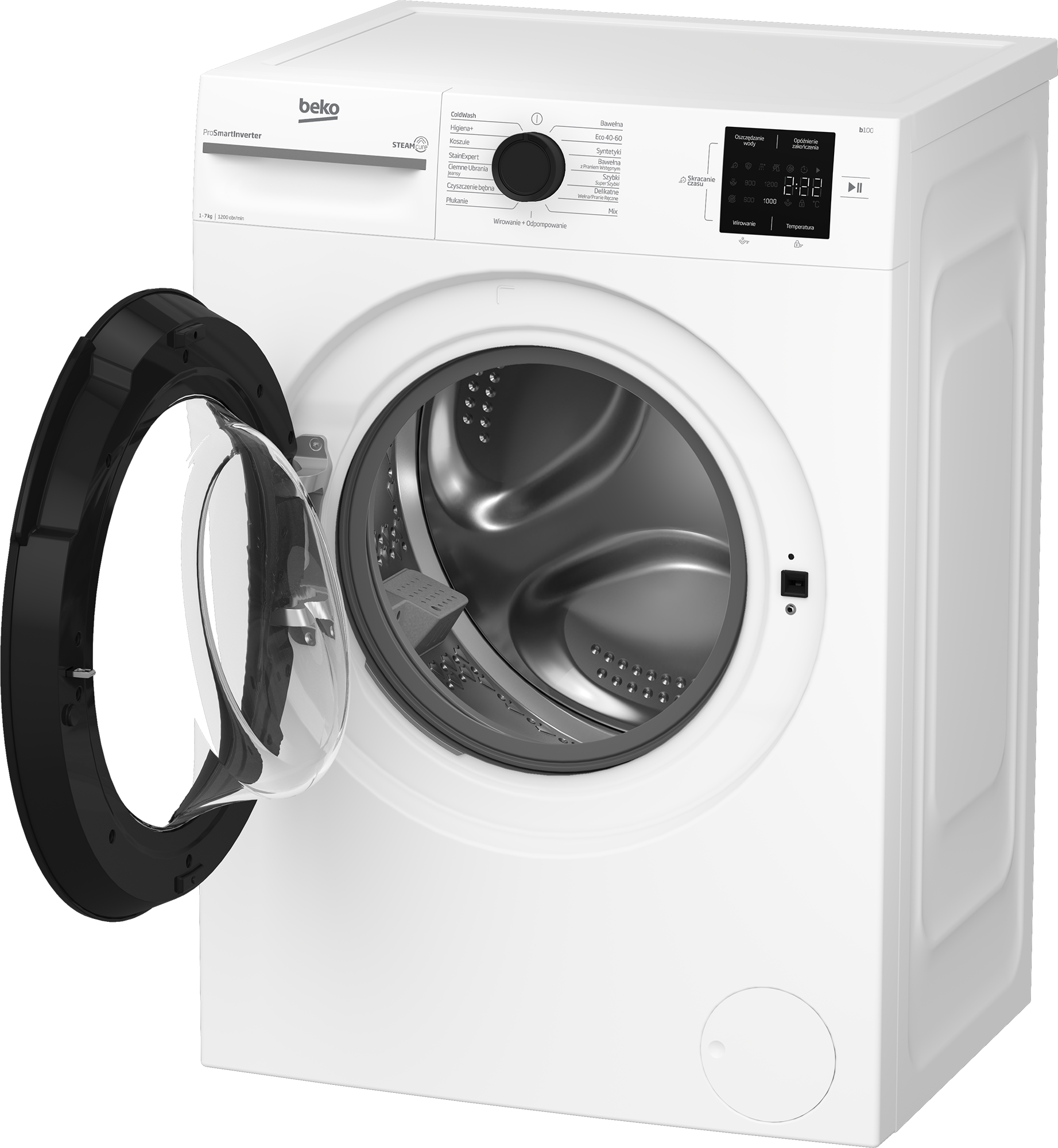 Biała pralka Beko z otwartymi drzwiami. Panel sterowania pokazuje czas i opcje prania.