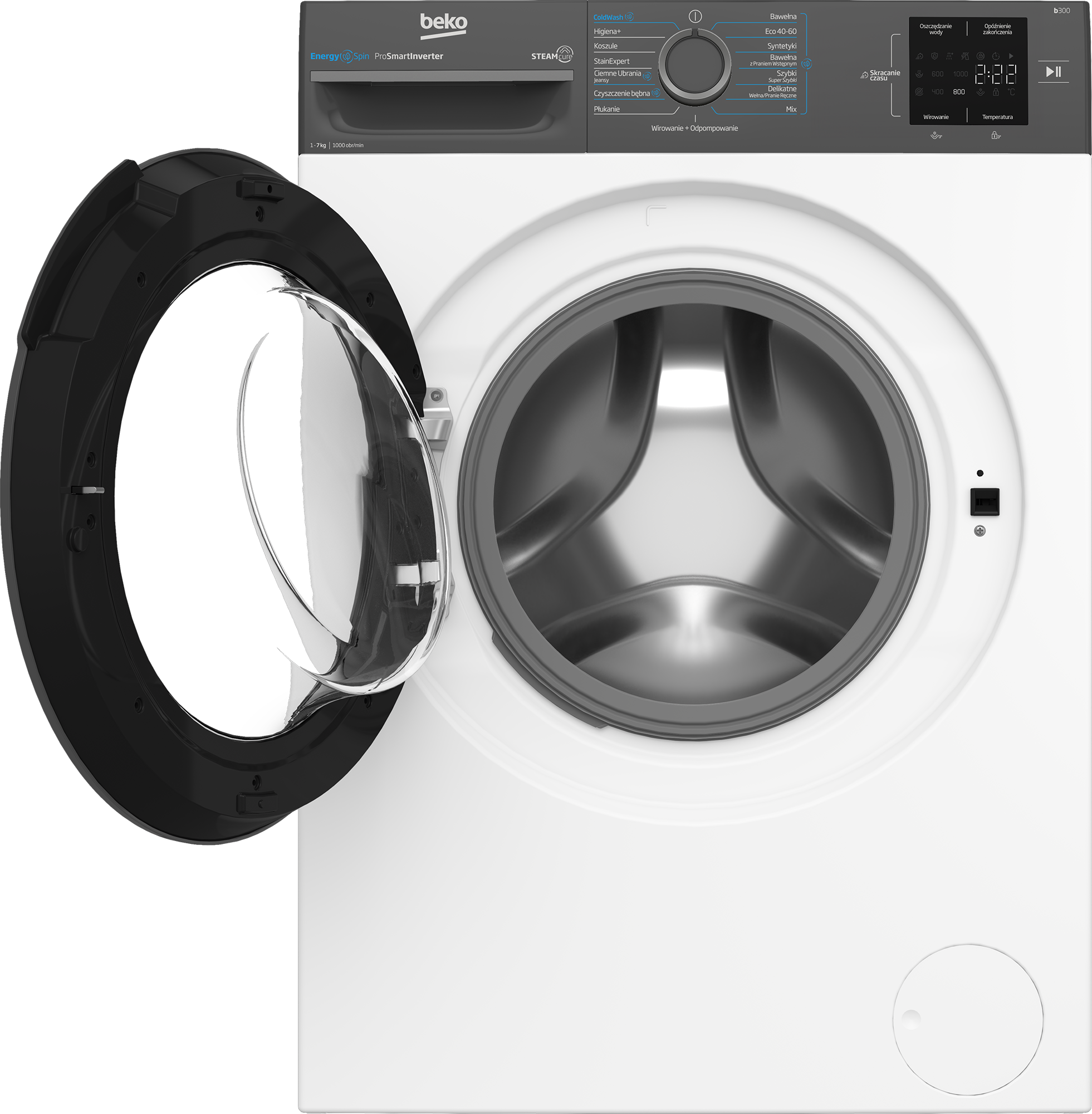 Pralka Beko, otwarte drzwi. Zawiera panel sterowania, wyświetlacz cyfrowy i różne programy prania.