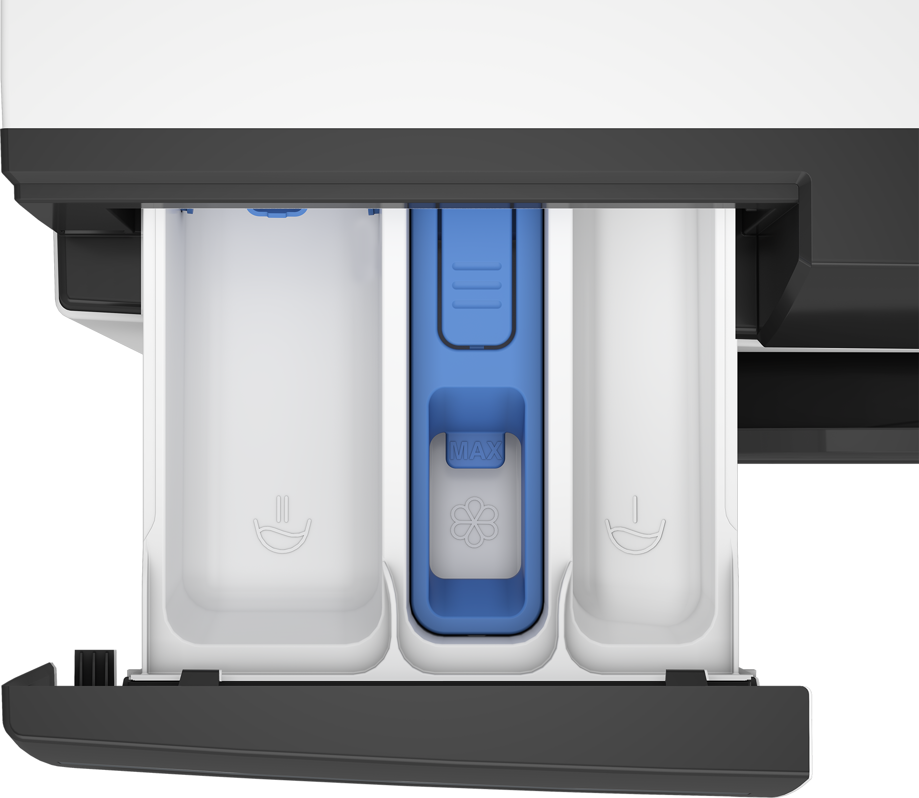 Zbliżenie szuflady na detergent w pralce. Ma trzy komory, białe i niebieskie kolory z MAX i symbolem kwiatu.