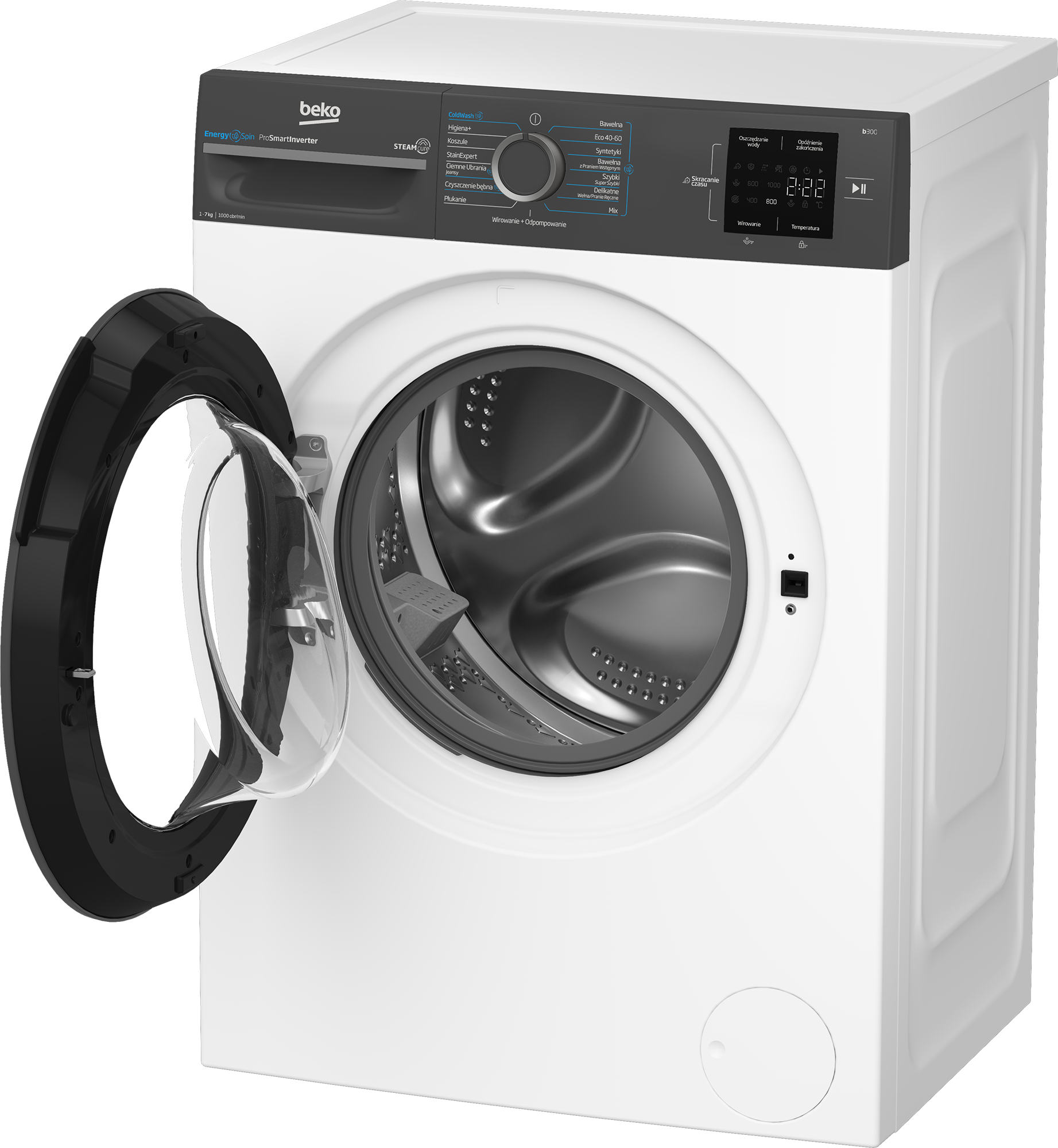 Biała pralka Beko z otwartymi drzwiami. Panel sterowania jest u góry, pokazując ustawienia i timer.