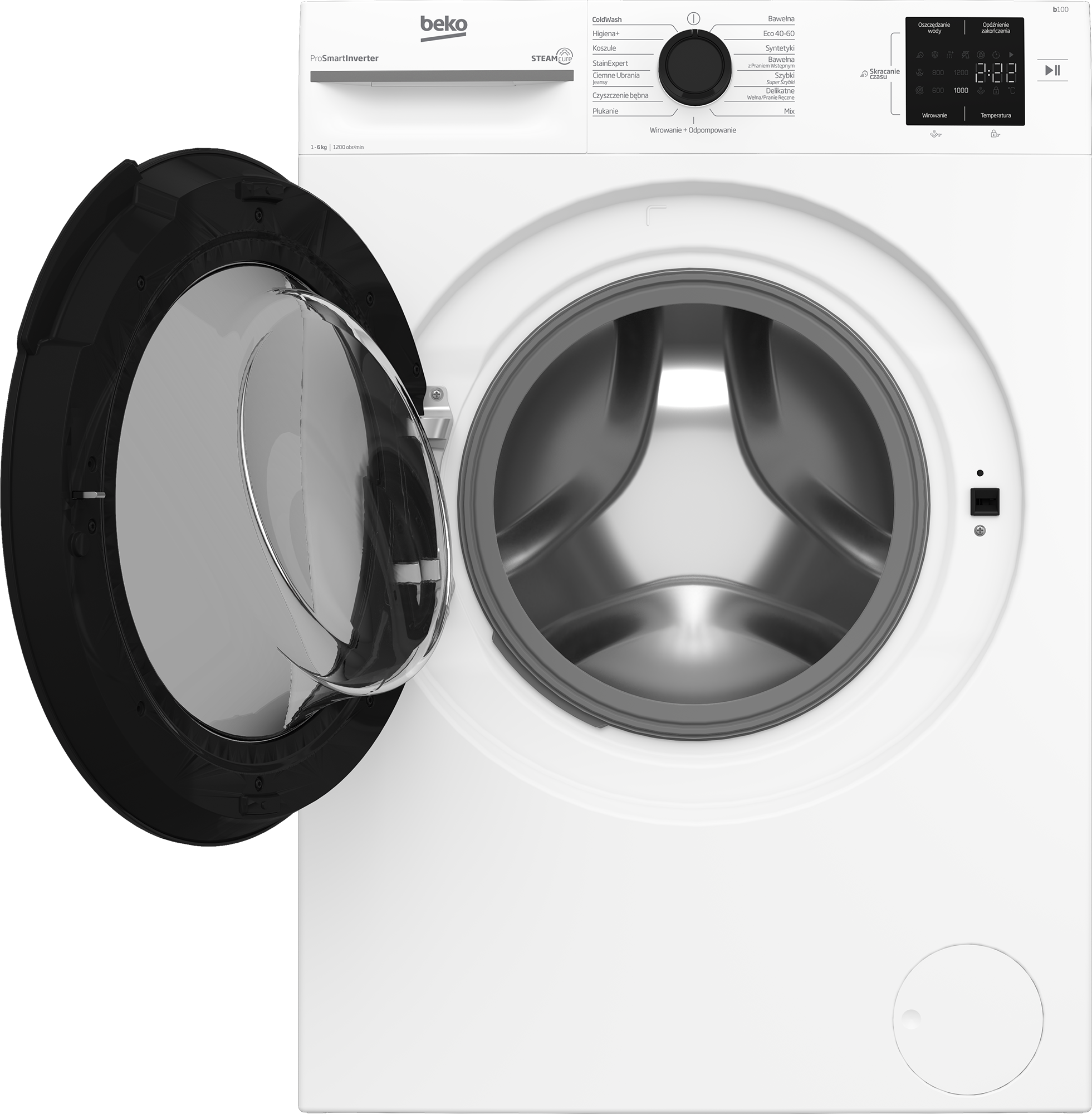 Biała pralka Beko z otwartymi drzwiami. Widoczny panel sterowania i bęben. Drzwi są czarne i mają szklane okno.
