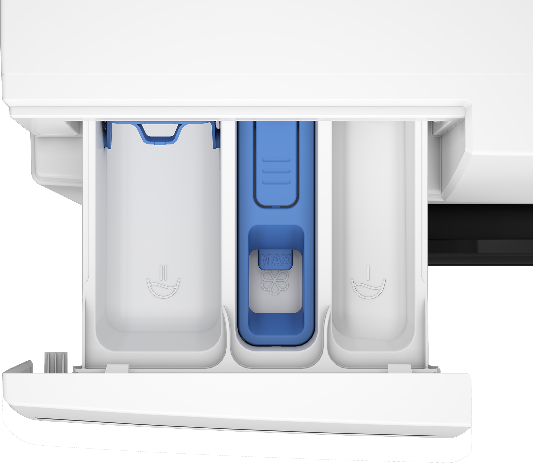 Zbliżenie szuflady na detergent pralki. Biały plastik z niebieskimi akcentami. Trzy przegrody widoczne. Oznaczenie MAX.