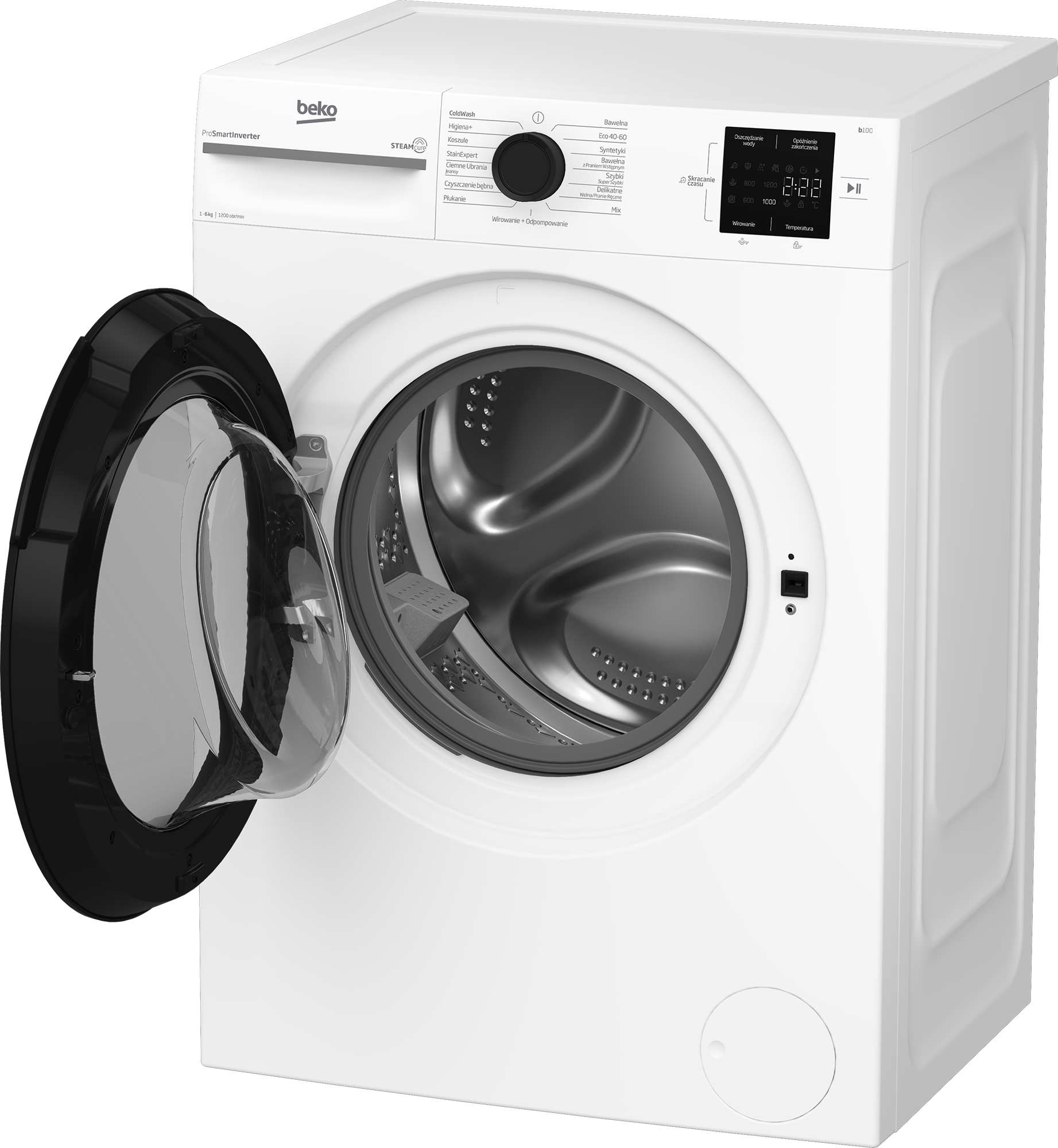 Biała pralka Beko z otwartymi drzwiami. Panel sterowania z programami, wyświetlacz LCD pokazuje pozostały czas.