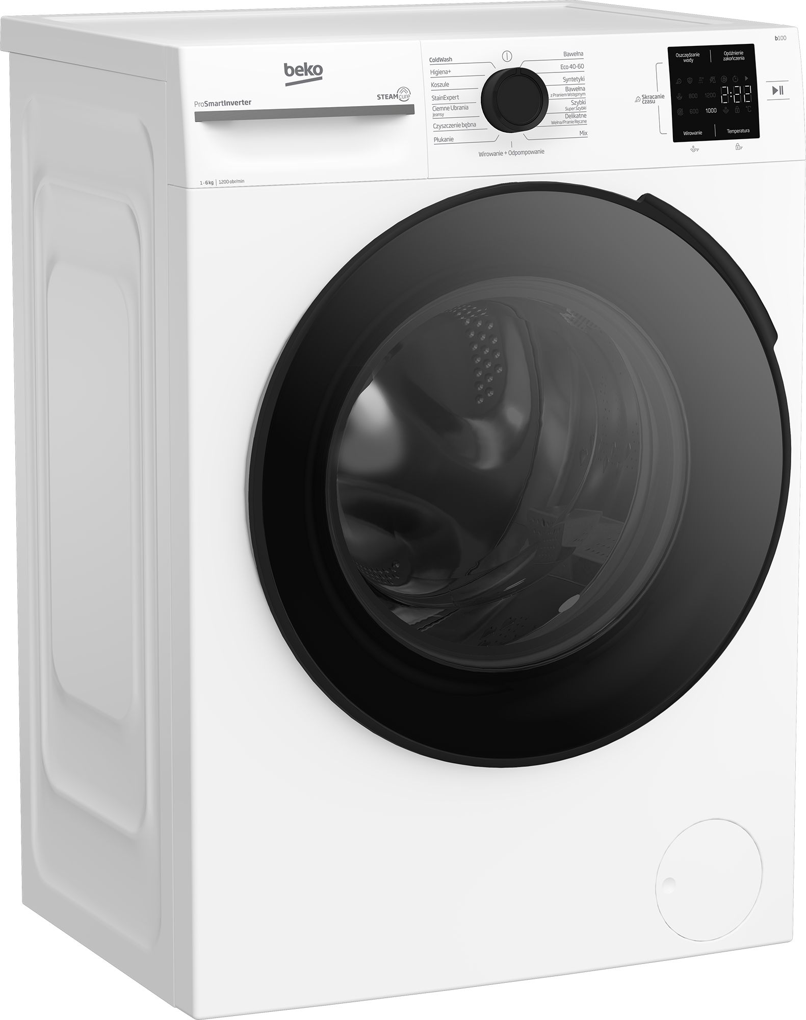 Biała pralka Beko z czarnymi drzwiami. Posiada panel sterowania i wyświetlacz. Pralka stoi na szarej powierzchni.
