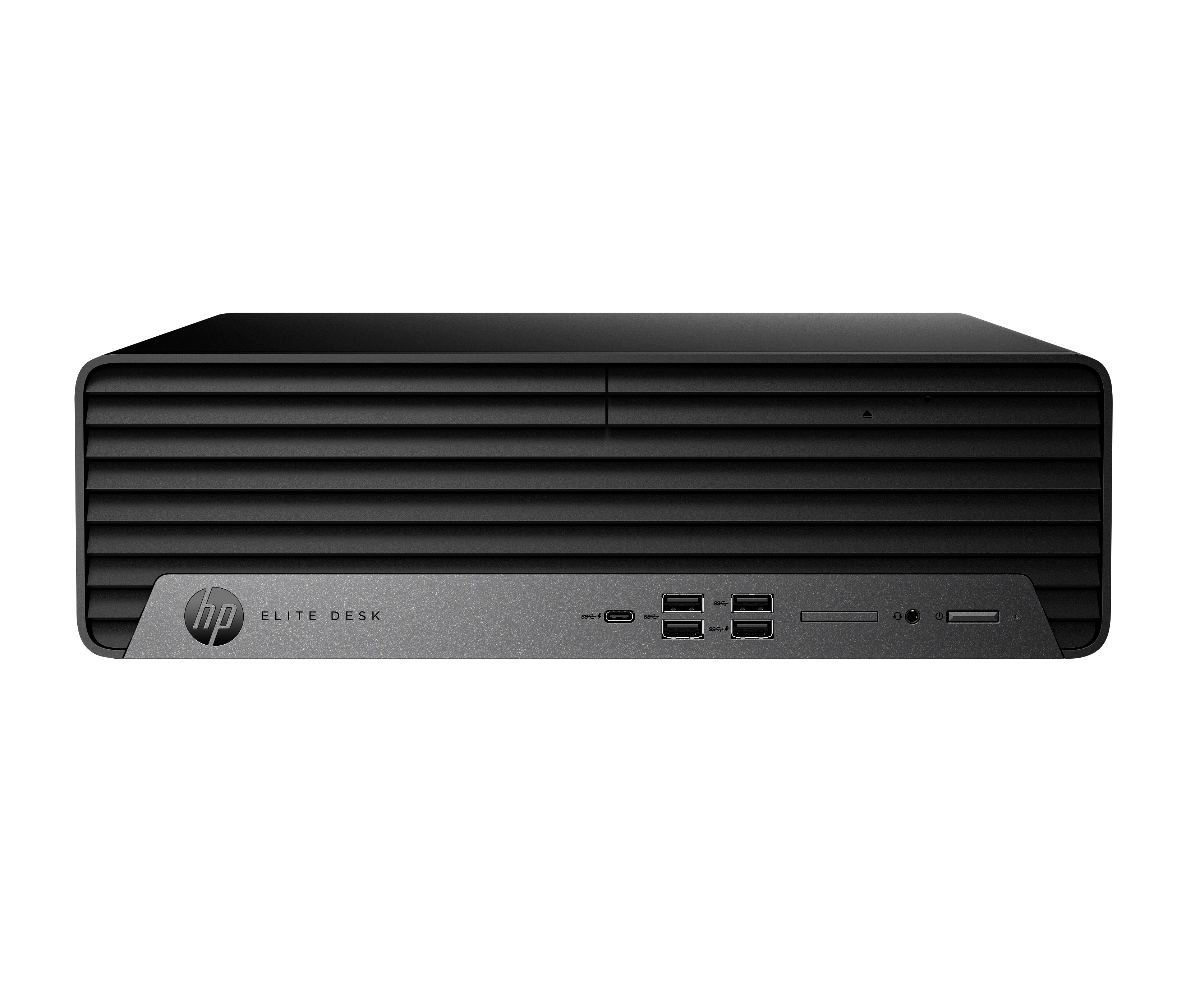 Schwarzer HP EliteDesk Computer. Die Vorderseite hat Lüftungsschlitze und Anschlüsse, mit HP Logo.