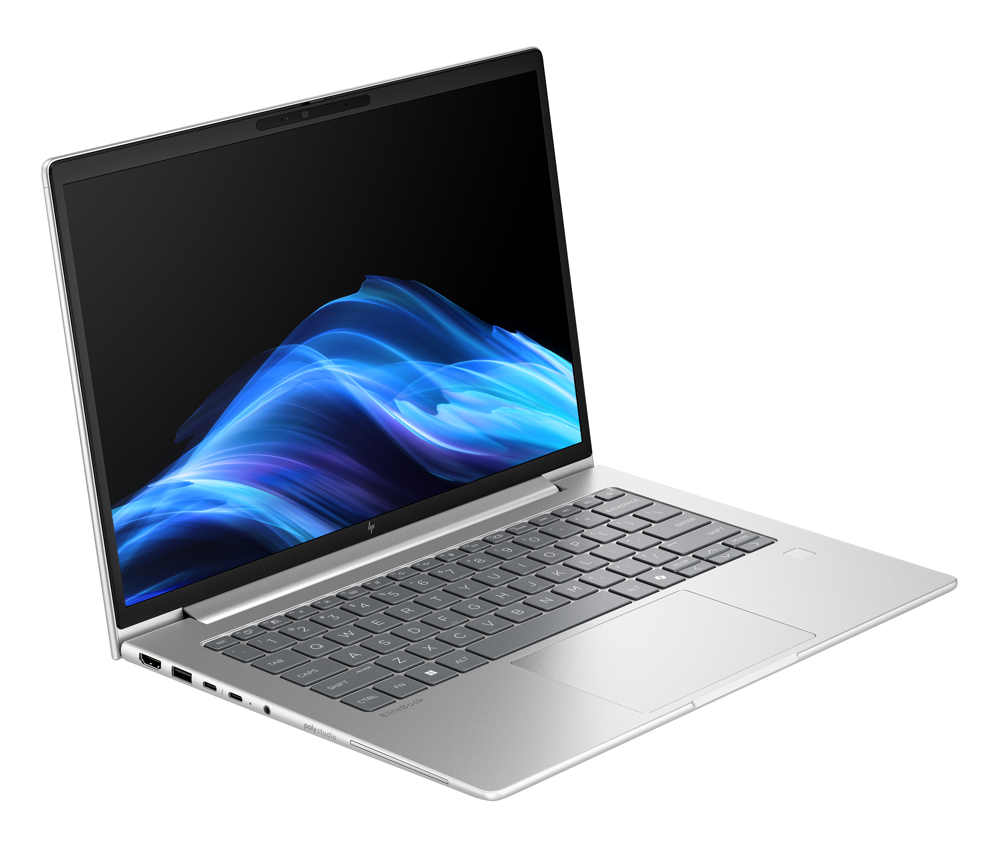 Silberner Laptop auf schwarzem Hintergrund. Bildschirm zeigt blaue und weiße abstrakte Wellen. Tastatur und Trackpad sichtbar.