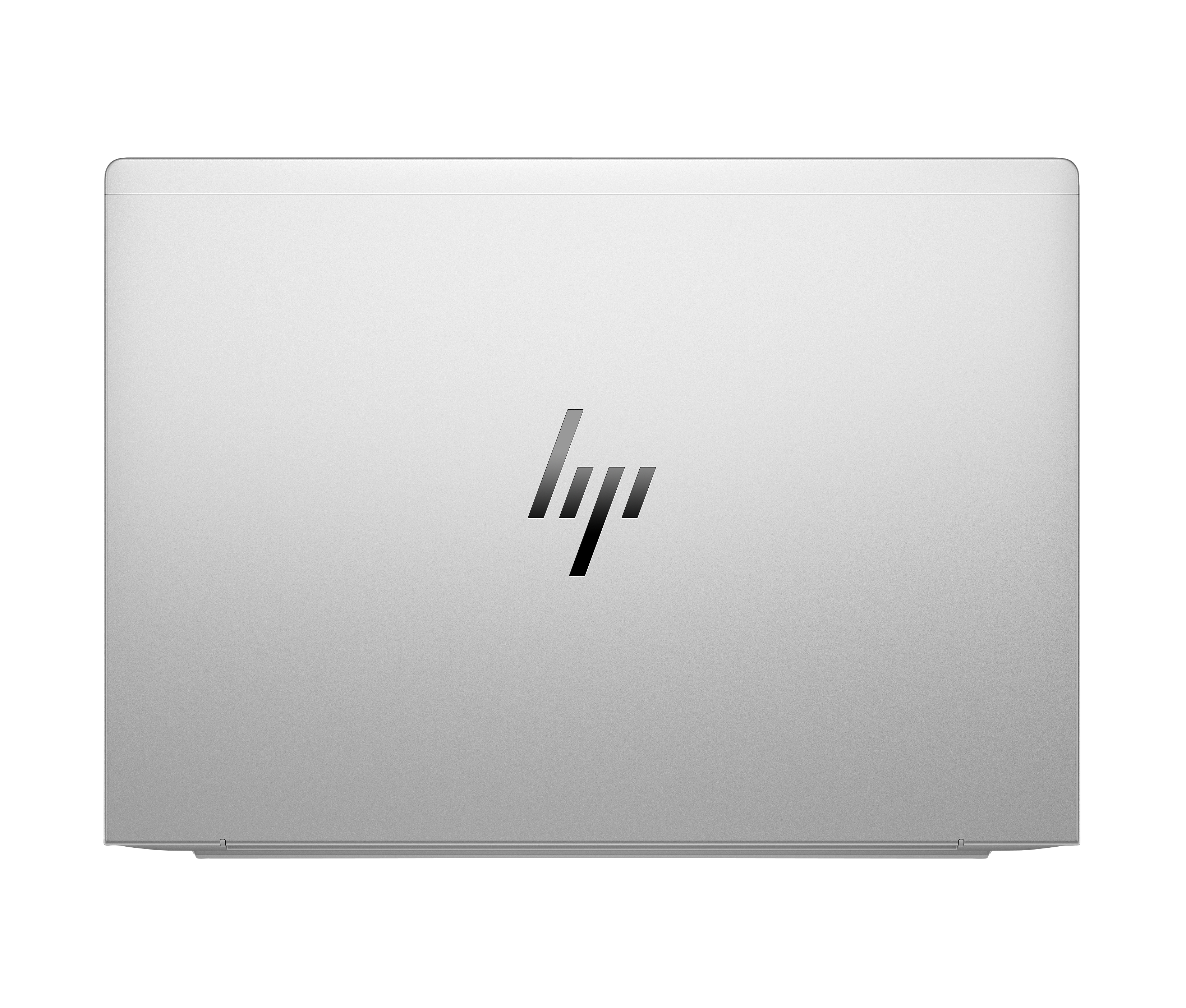 Ein silberner Laptopdeckel mit dem HP-Logo in der Mitte auf schwarzem Hintergrund.