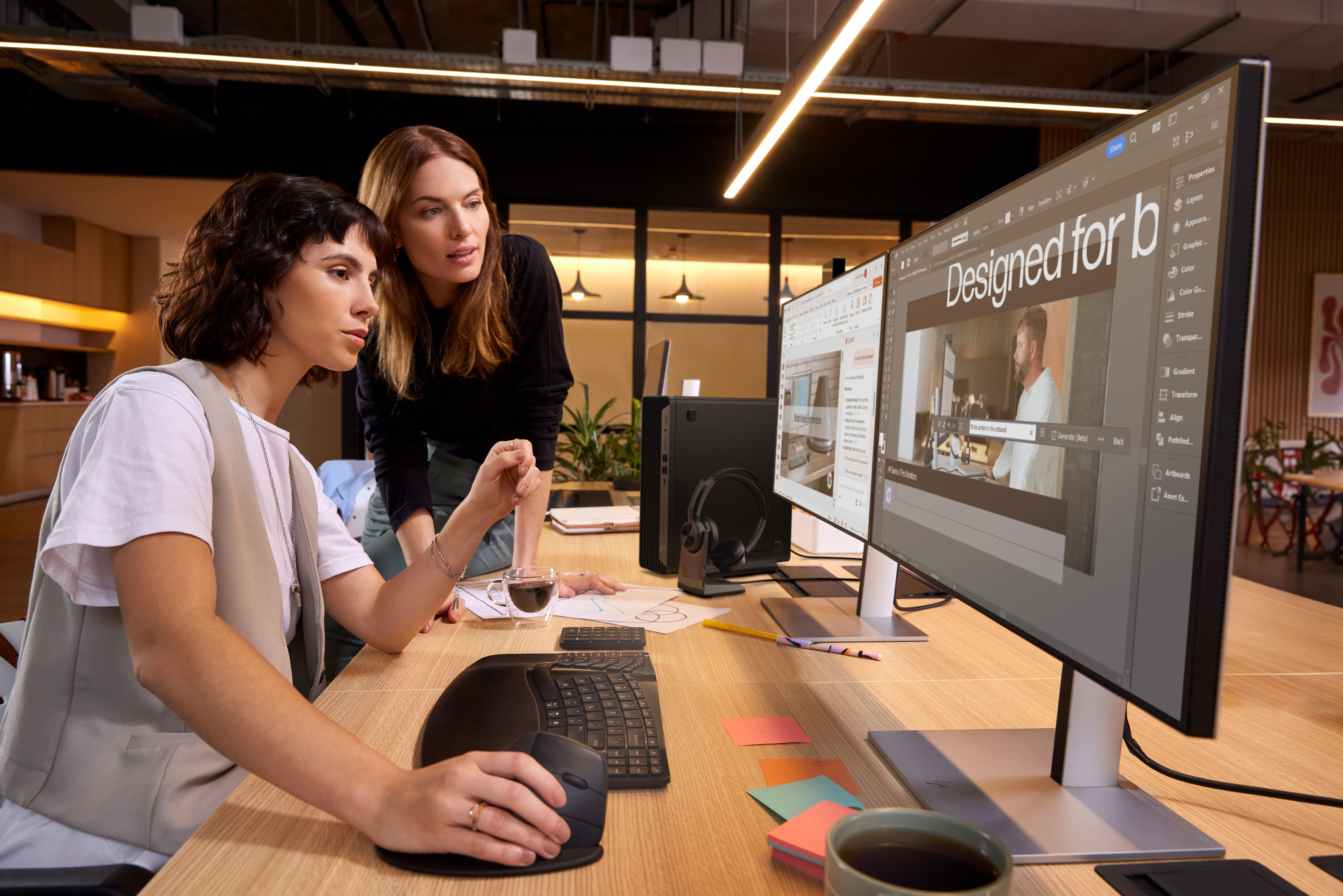 Zwei Frauen betrachten einen Computerbildschirm mit Designsoftware. Büro mit Schreibtisch, Kaffee und Tastatur.