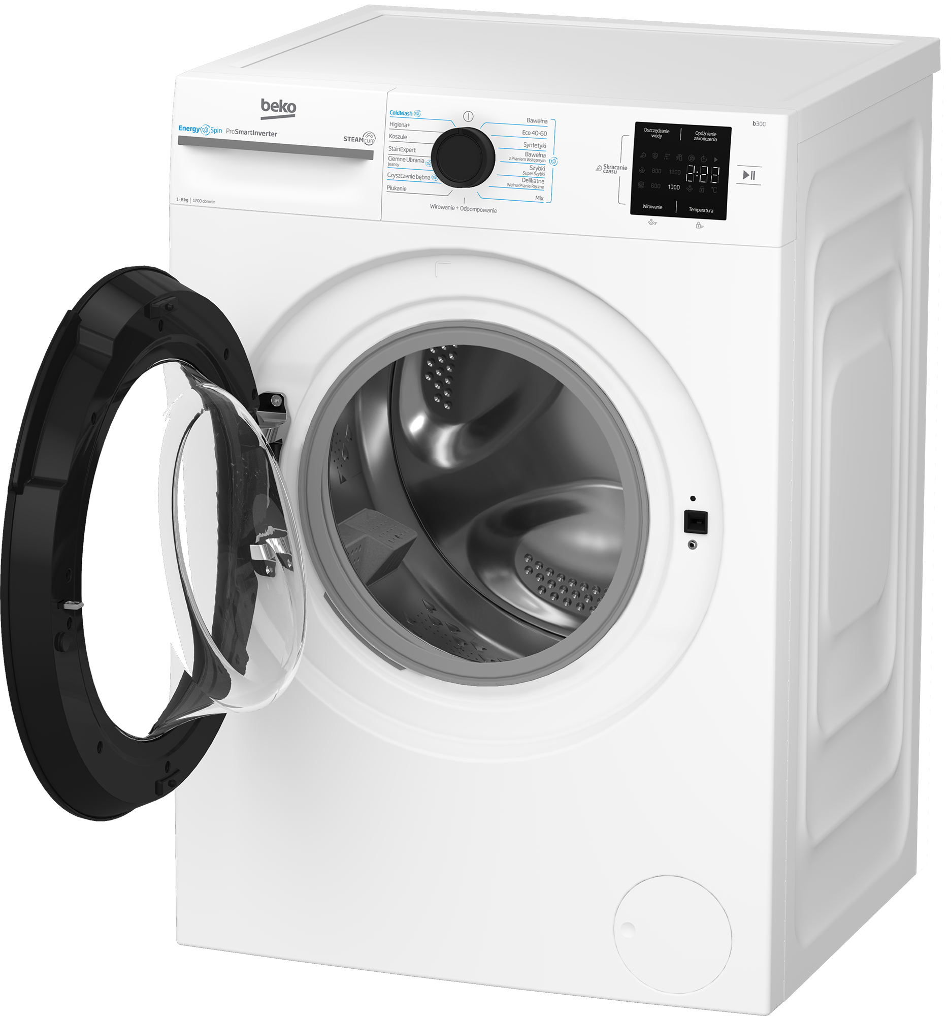 Biała pralka Beko z otwartymi drzwiami, pokazująca bęben. Widoczne elementy sterujące i wyświetlacz cyfrowy.