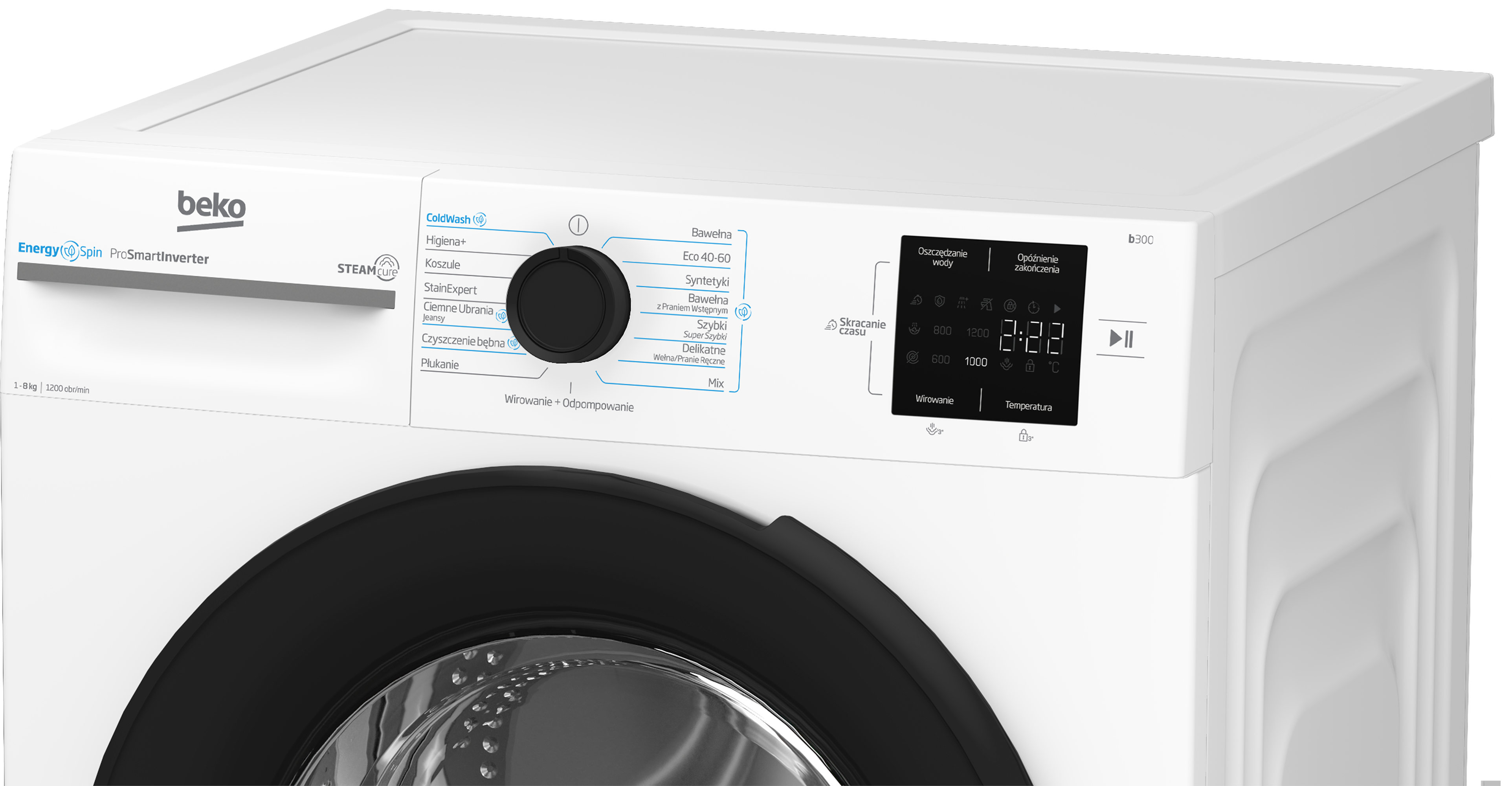 Biała pralka Beko. Ma czarne drzwi i panel sterowania z przyciskami i wyświetlaczem.