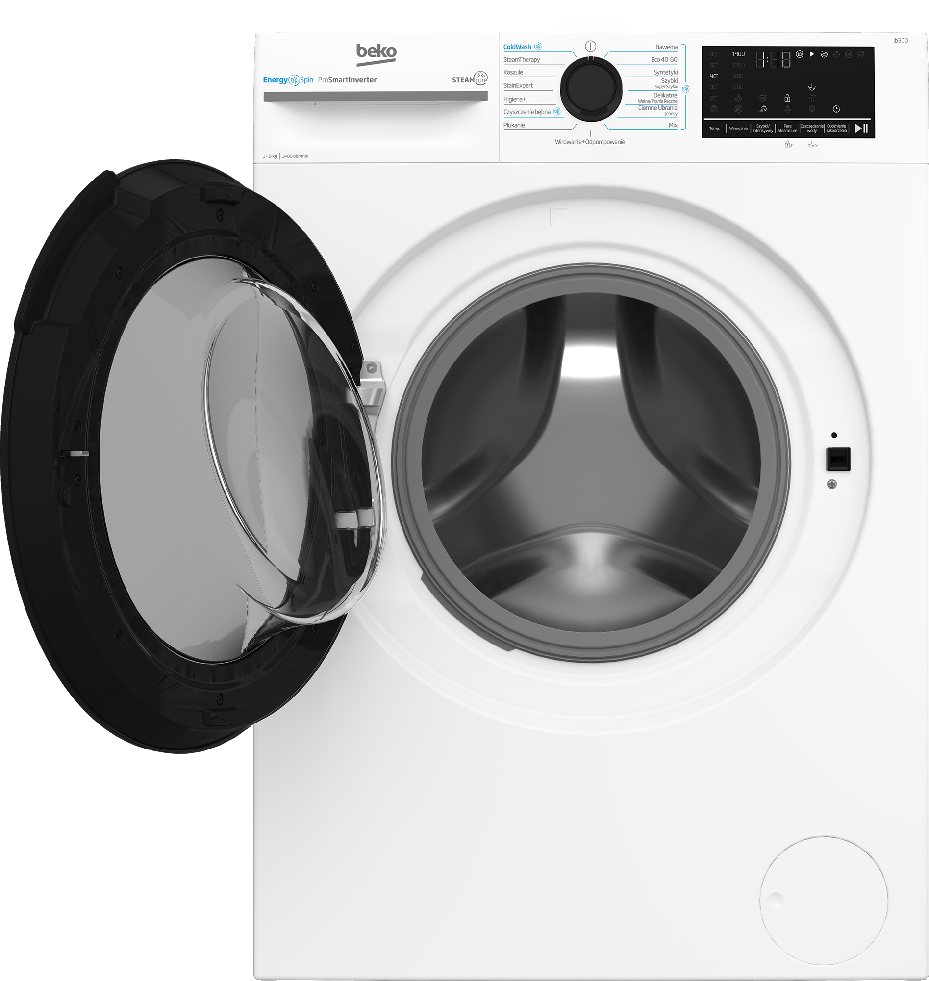 Biała pralka Beko z otwartymi czarnymi drzwiami. Panel sterowania i ustawienia widoczne z przodu.