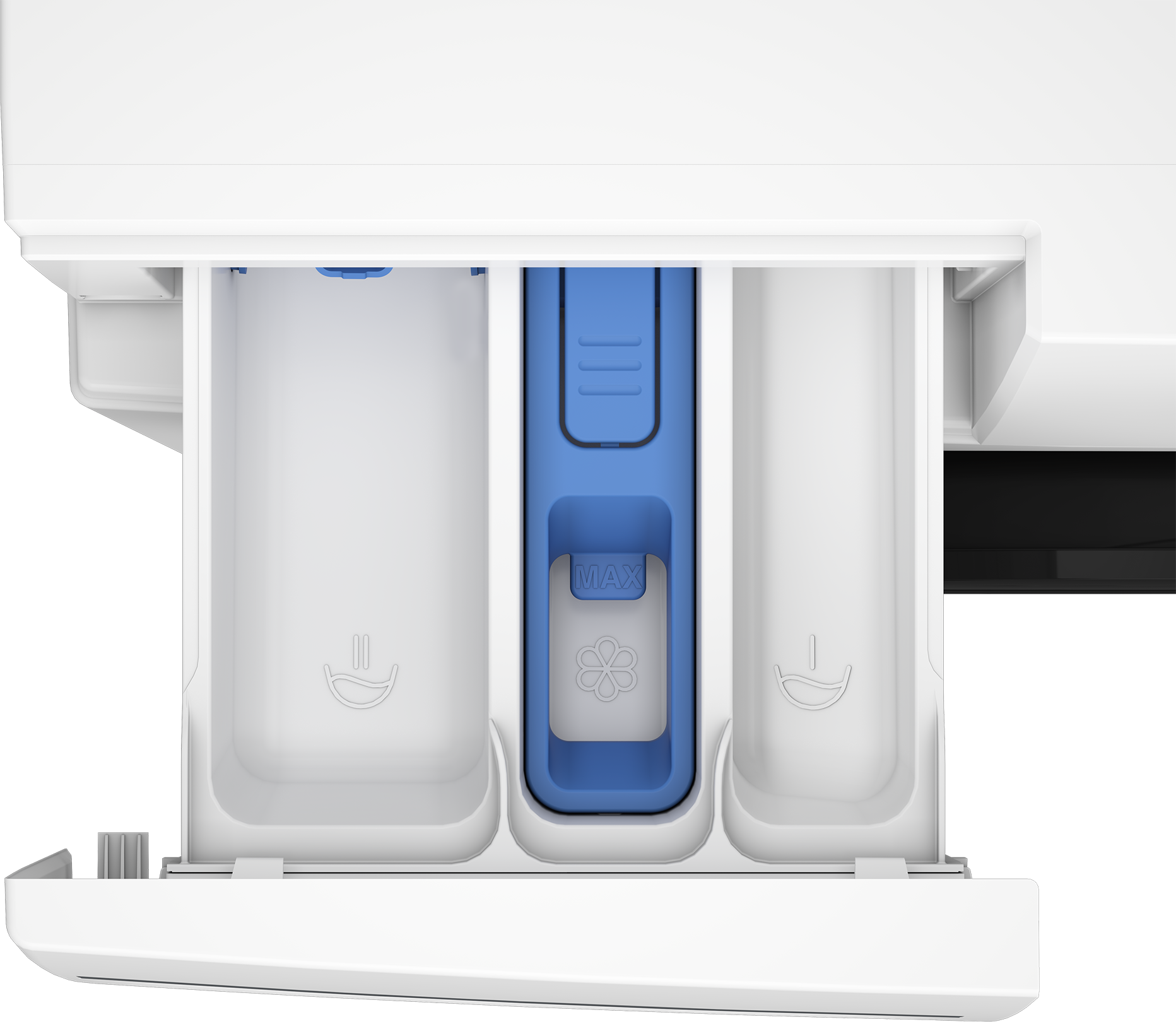 Biała szuflada pralki jest otwarta. Ma trzy przegrody, środkowa jest niebieska. Widoczny jest wskaźnik MAX.