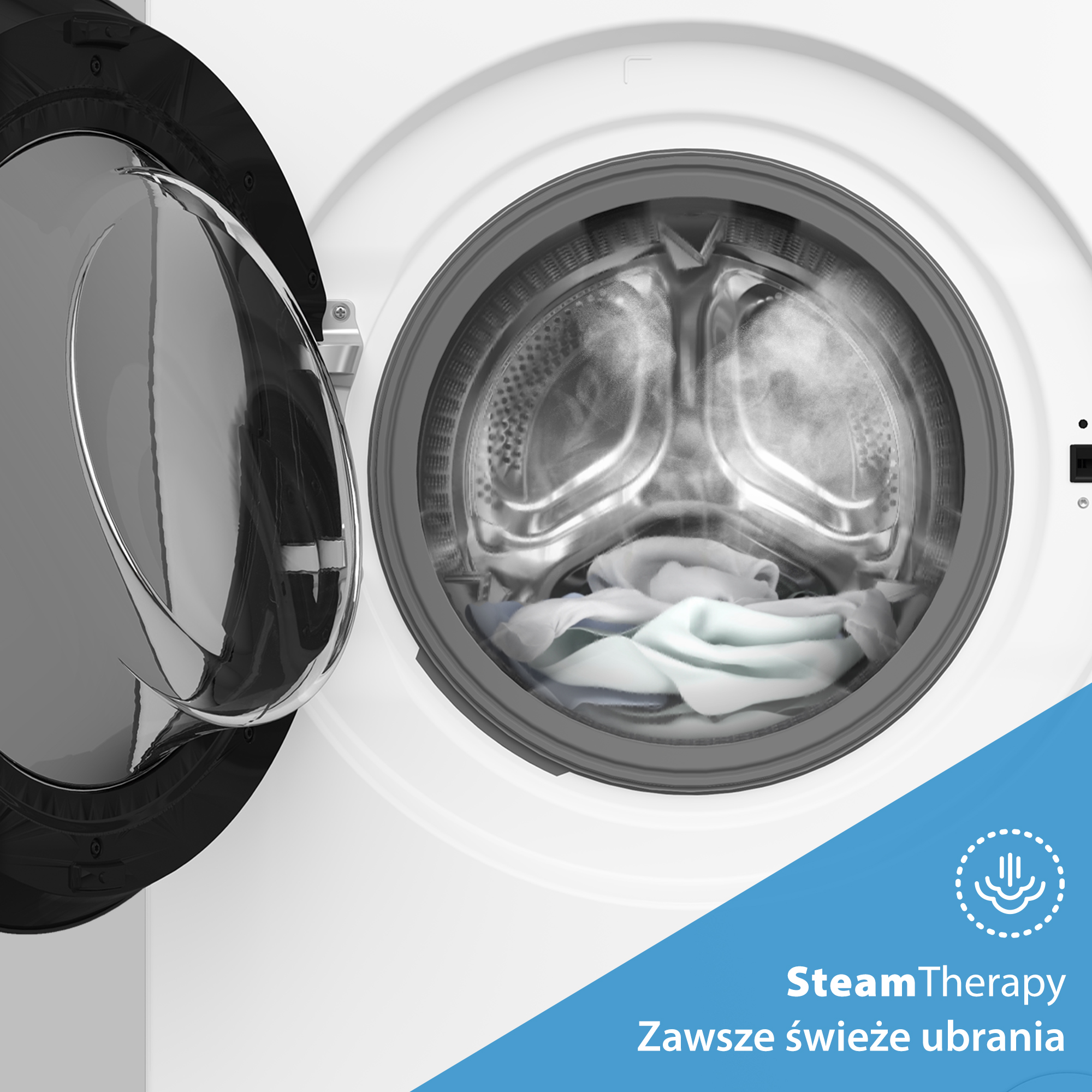Pralka z otwartymi drzwiami. Para i ubrania w środku. Biała pralka z czarnymi detalami. Niebieski baner na dole.