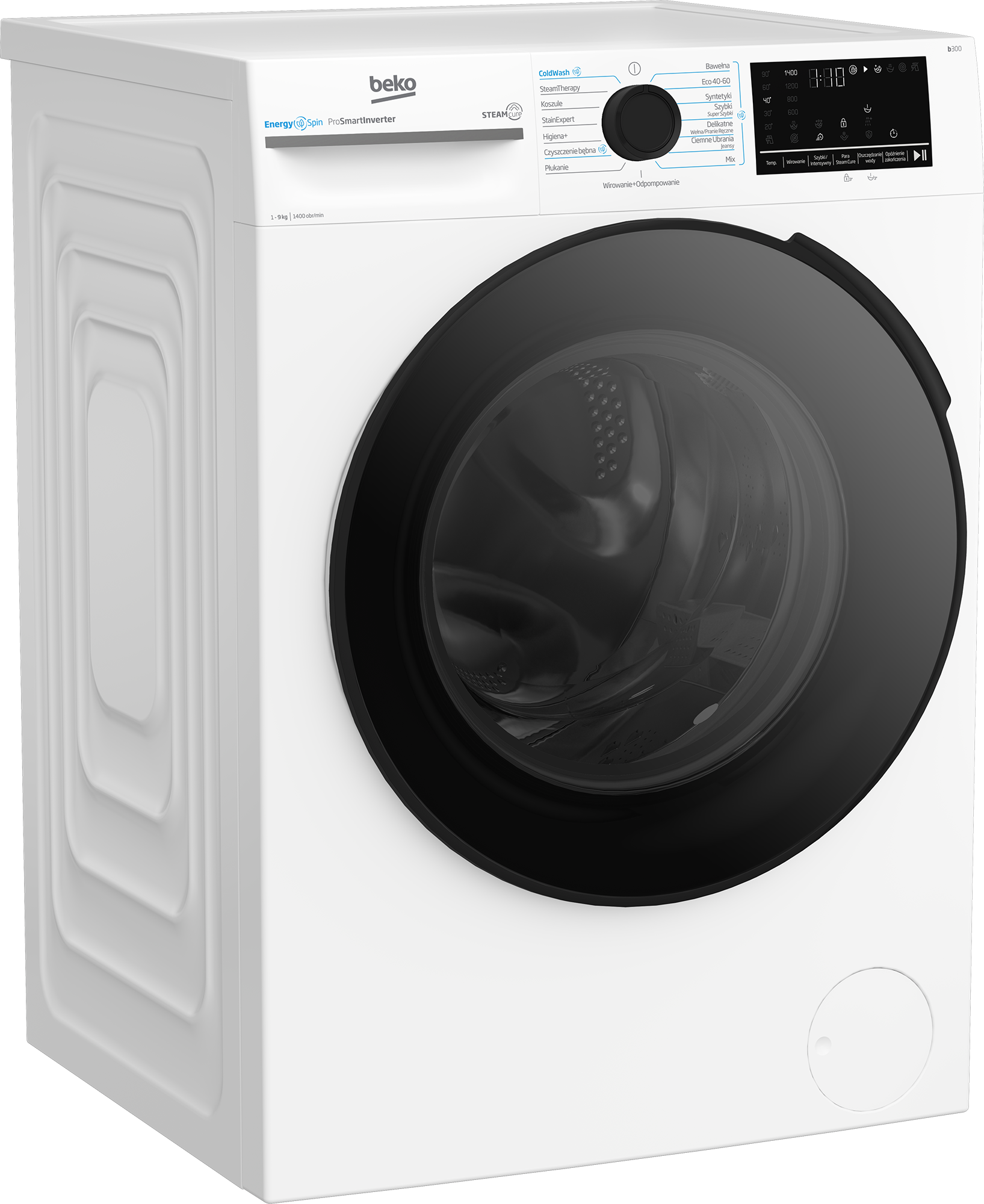 Biała pralka Beko z czarnymi drzwiami. Posiada panel sterowania z wieloma opcjami prania.
