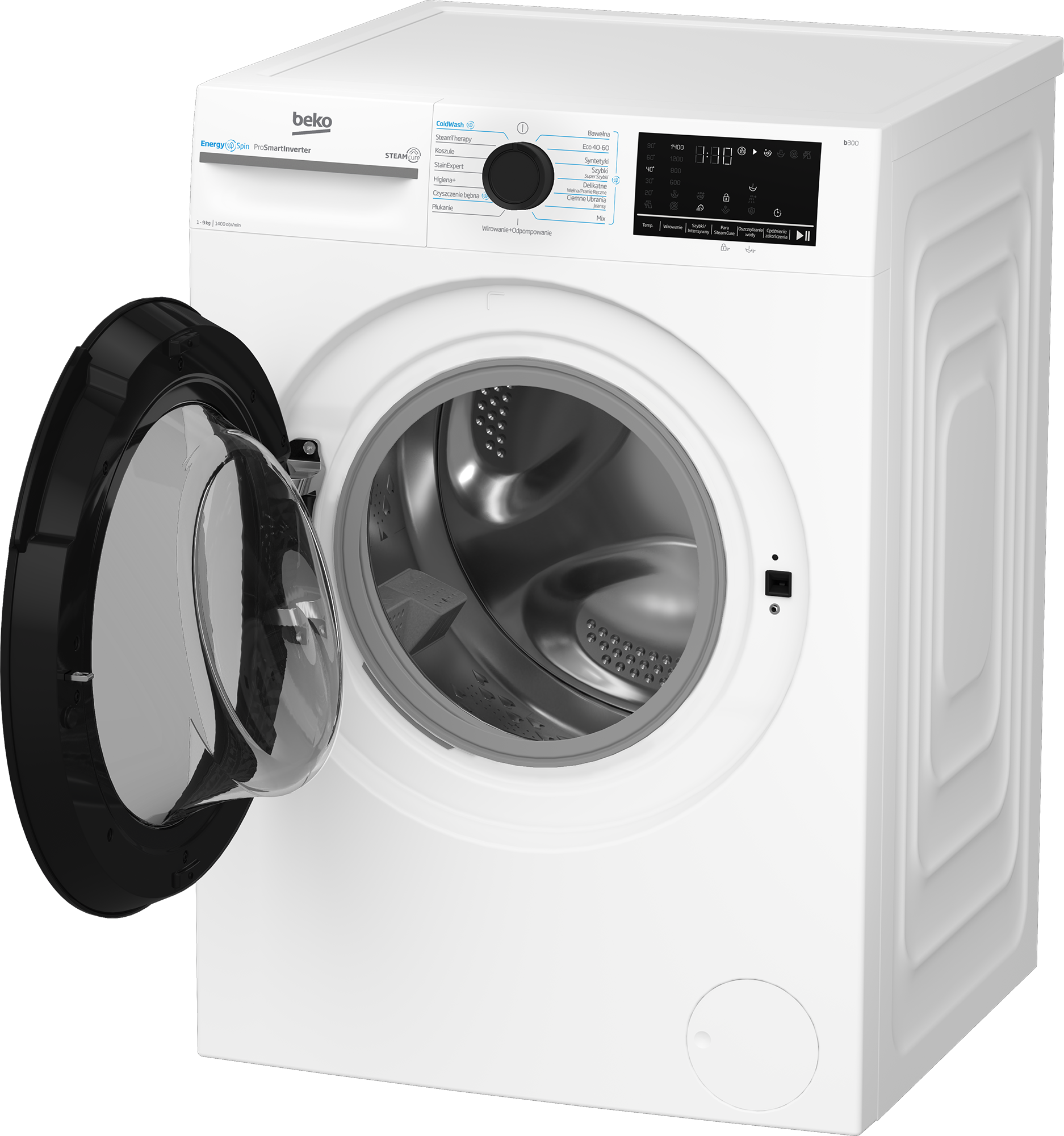Biała pralka Beko z otwartymi czarnymi drzwiami. Widoczny panel sterowania i wyświetlacz cyfrowy.
