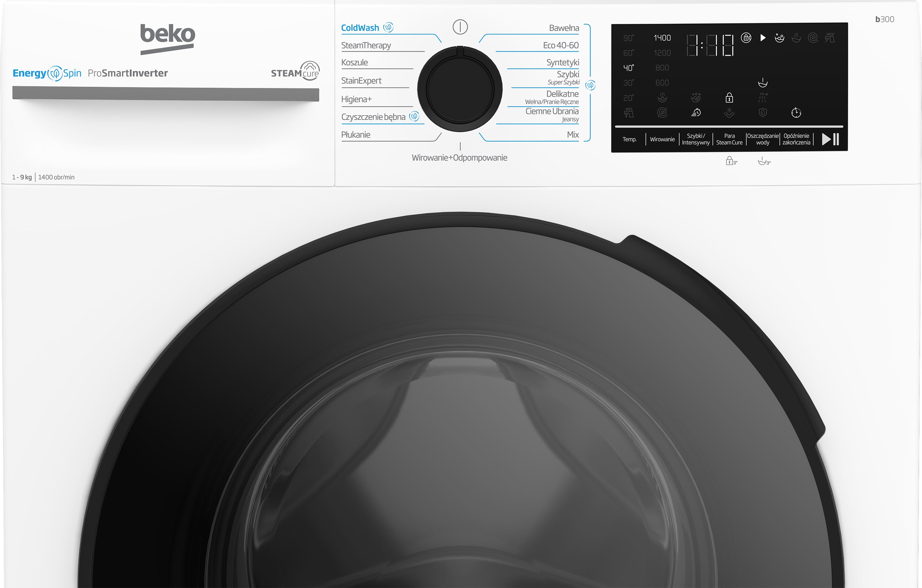 Panel sterowania pralki z opcjami temperatury, wirowania i programów prania.
