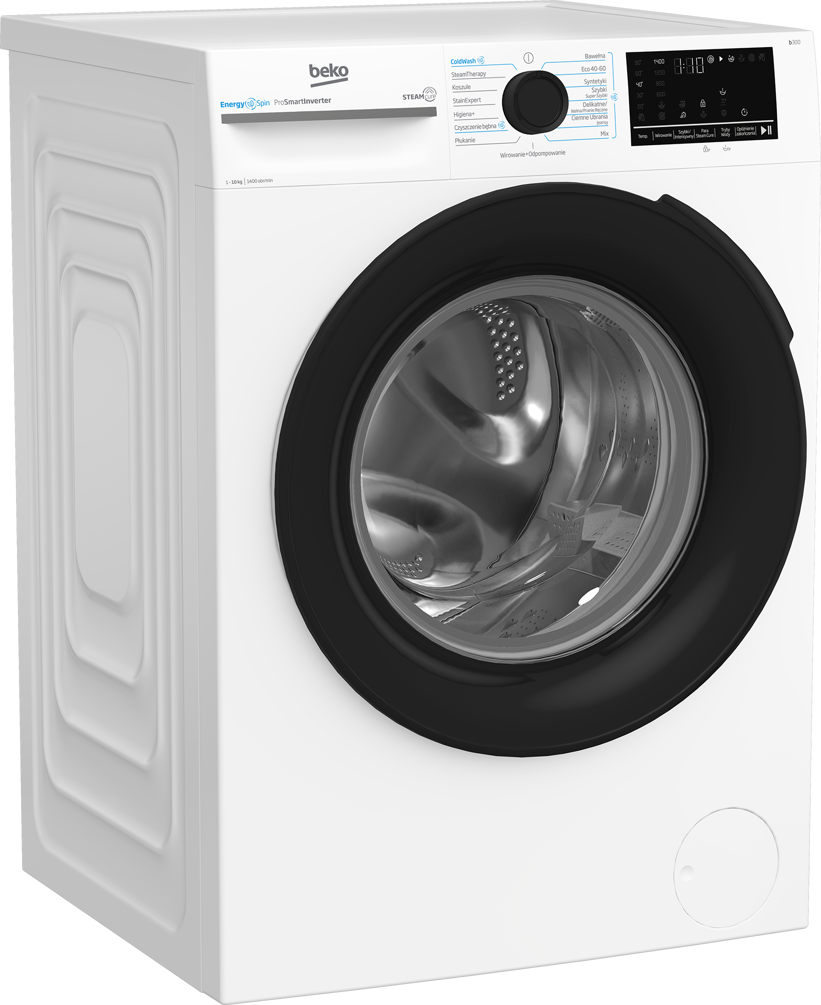 Biała pralka Beko z czarnymi drzwiami. Posiada panel sterowania i cyfrowy wyświetlacz z ustawieniami.