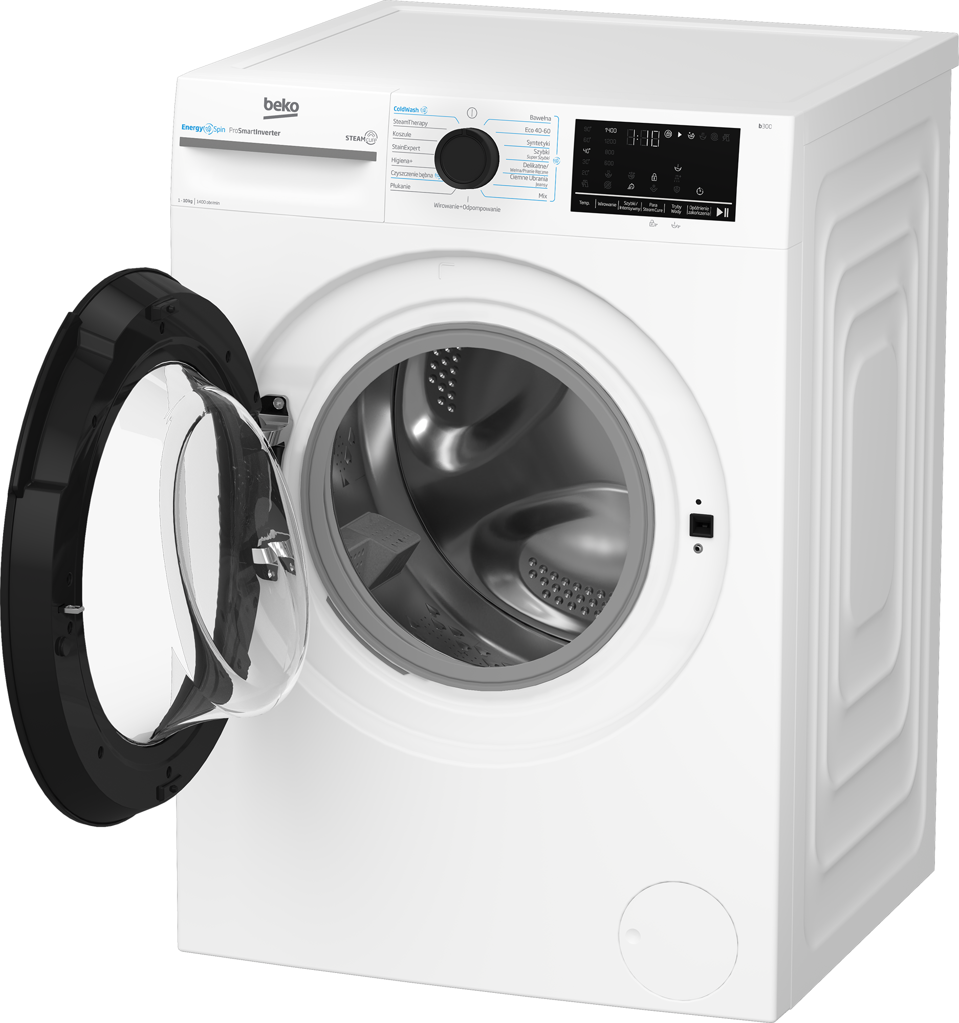 Biała pralka Beko z otwartymi drzwiami. Panel sterowania po prawej stronie. Tło jest szare.