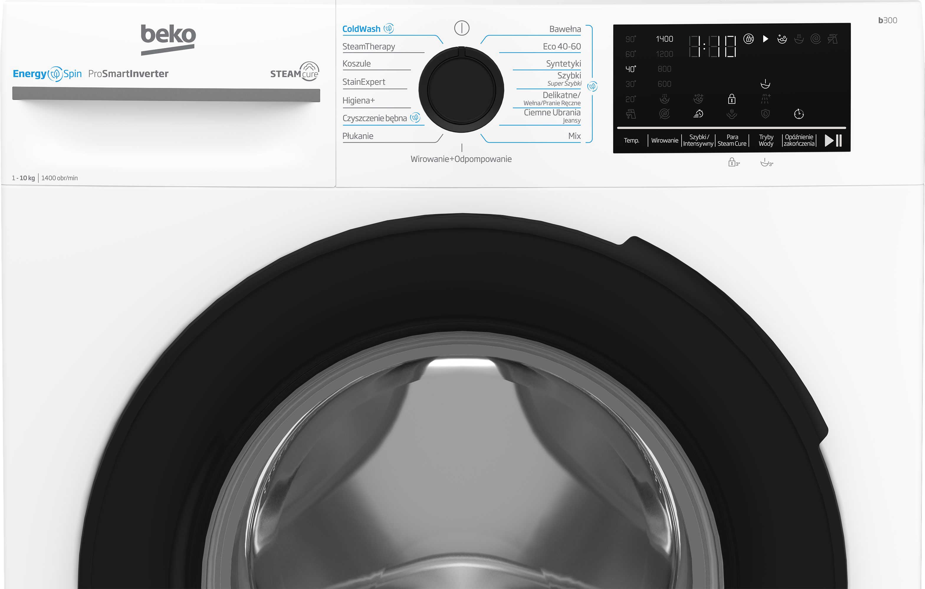 Pralka Beko z panelem sterowania. Drzwi są czarne. Wyświetlacz pokazuje czas i ustawienia prania.