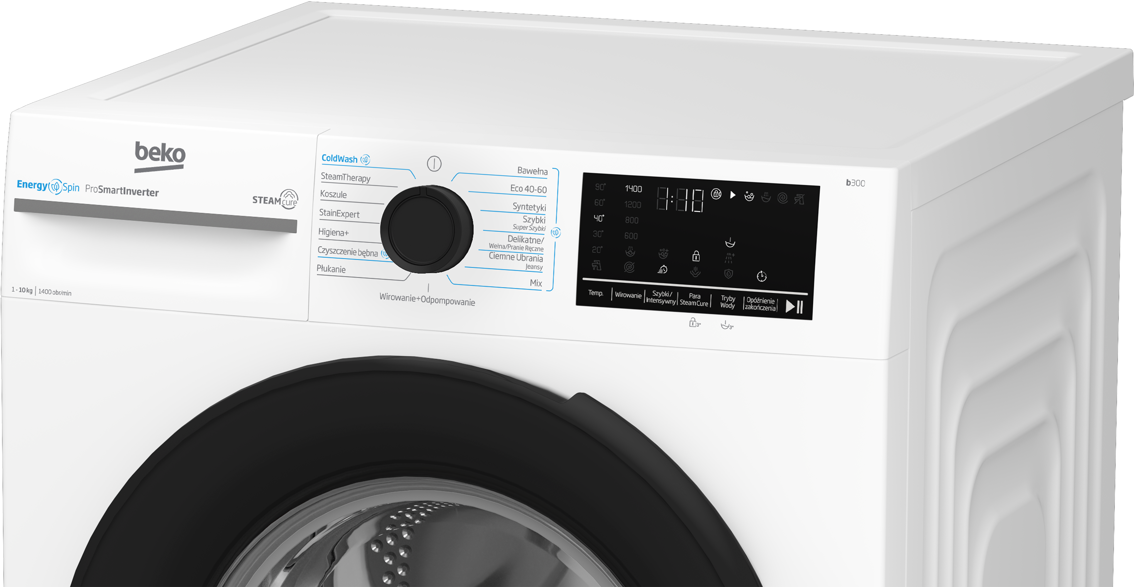 Biała pralka Beko z czarnym panelem sterowania i pokrętłem do ustawień prania.