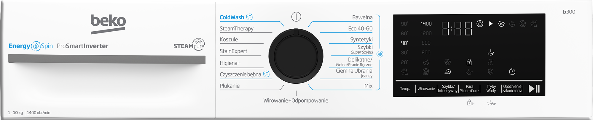 Biały panel sterowania pralki z przyciskami i wyświetlaczem. Logo Beko w lewym górnym rogu.