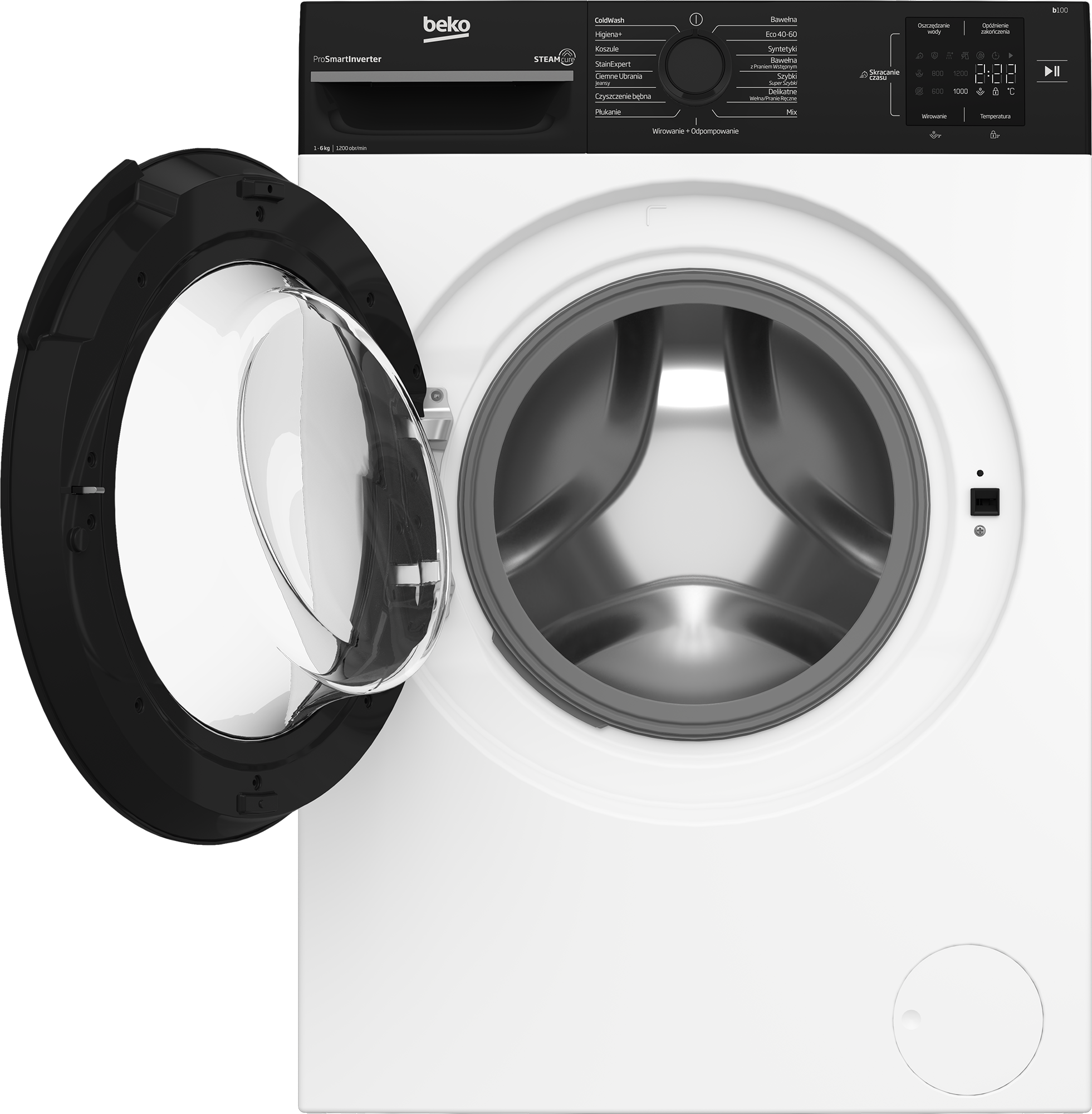 Biała pralka Beko z otwartymi czarnymi drzwiami. Panel sterowania z przyciskami i wyświetlaczem cyfrowym.