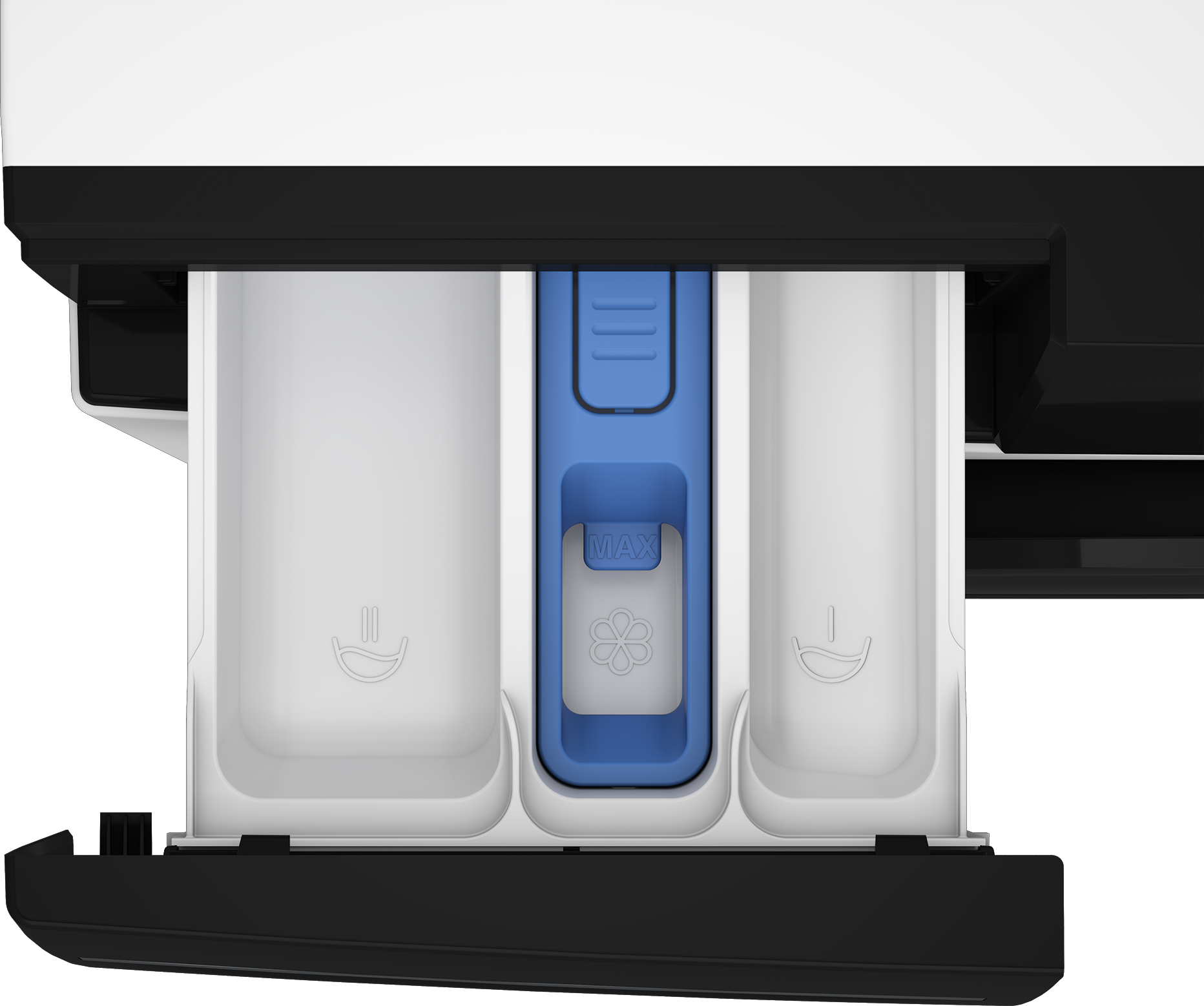 Szuflada na detergent pralki, białe przegródki, niebieska część środkowa, wskaźnik MAX, symbol kwiatu.