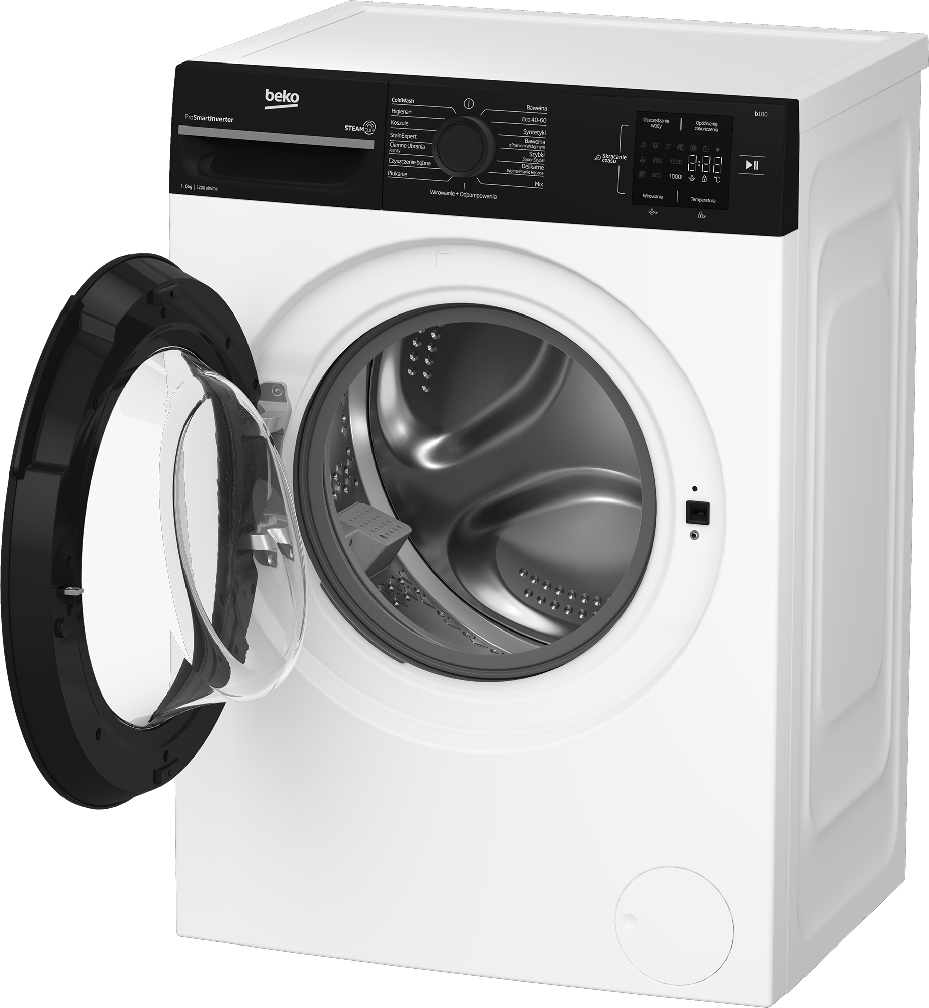 Biała pralka Beko z otwartymi drzwiami. Panel sterowania pokazuje czas i temperaturę.
