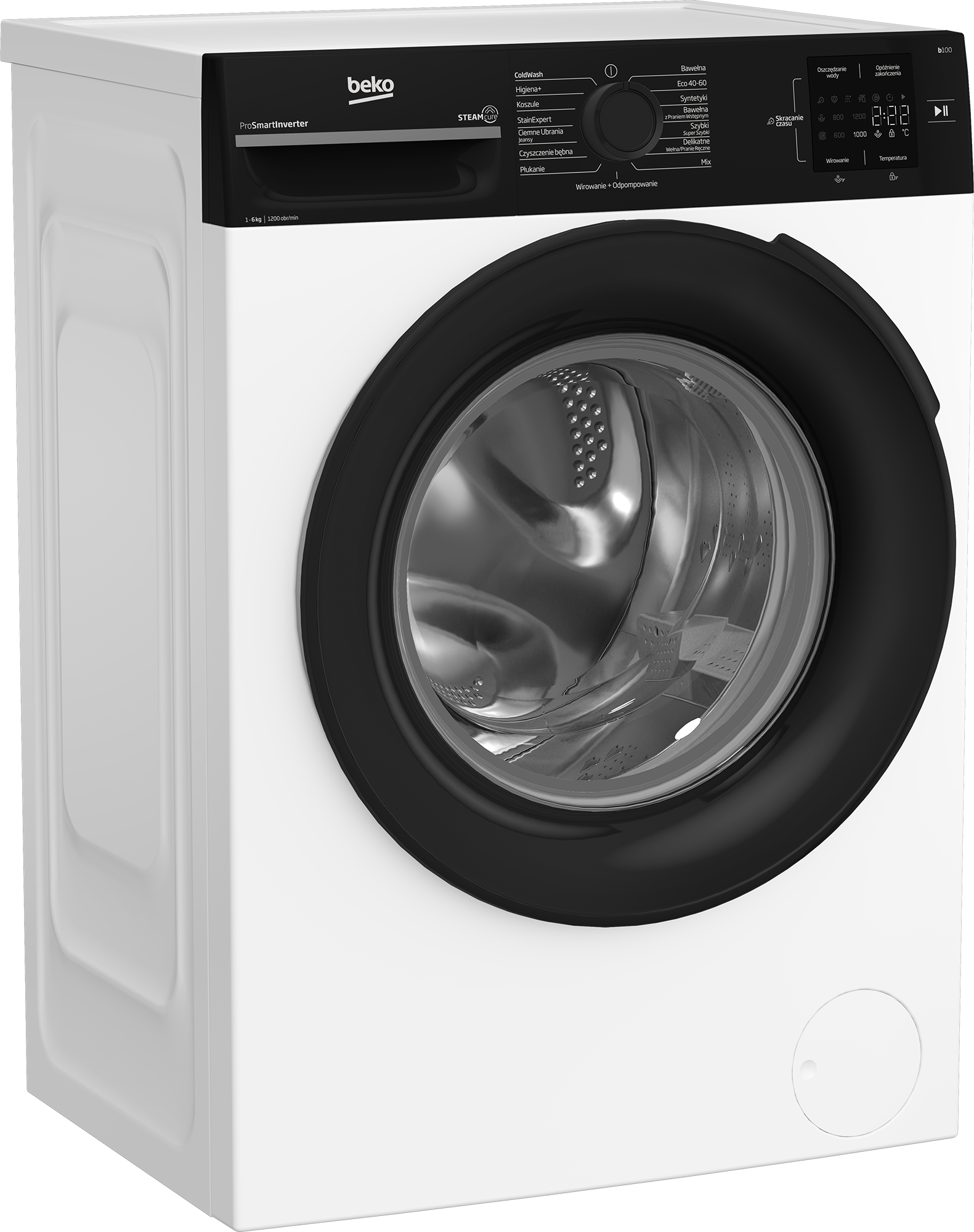 Biała pralka Beko z czarnymi drzwiami. Posiada panel sterowania i wyświetlacz cyfrowy.
