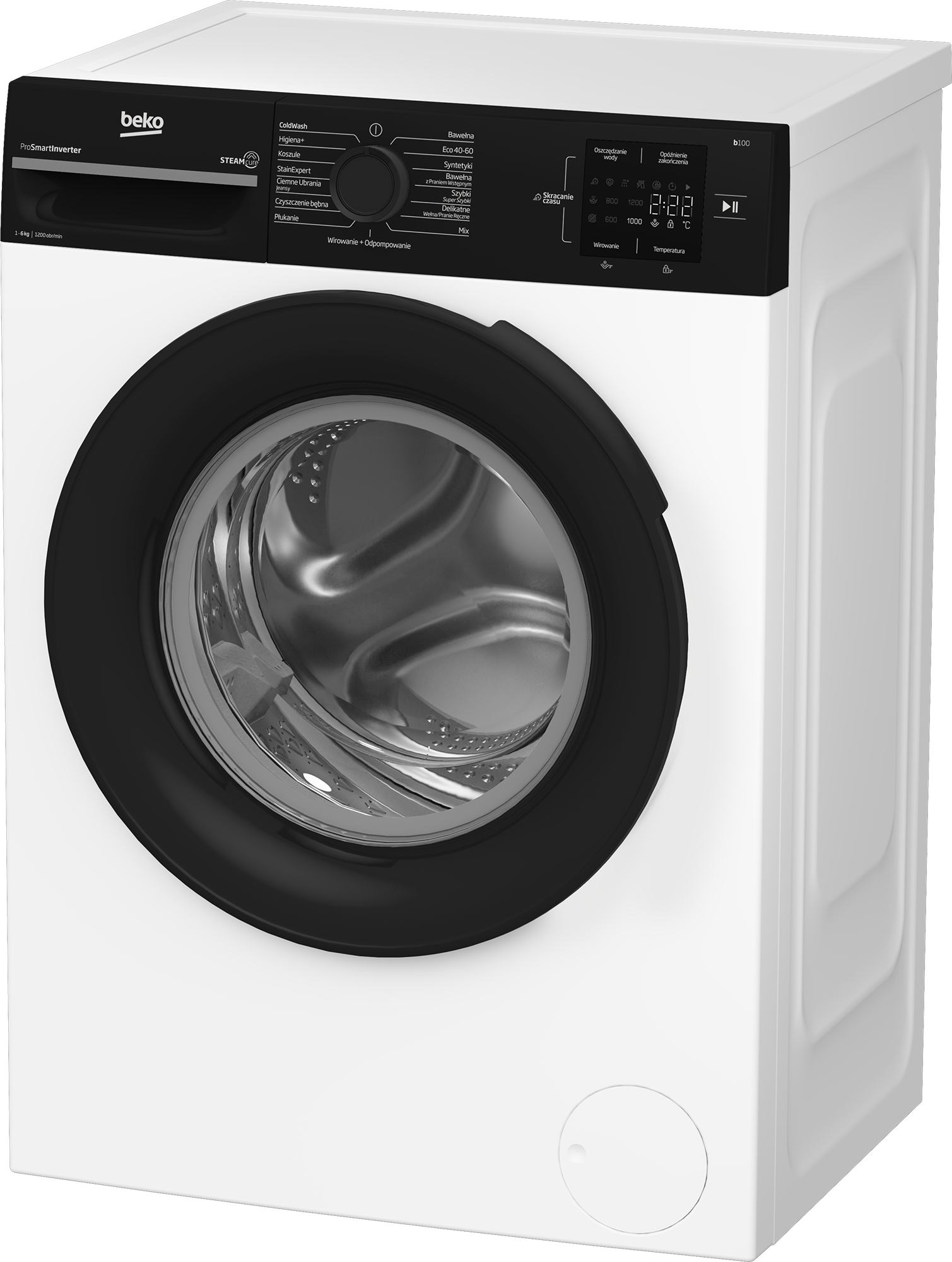 Biała pralka Beko. Ma czarne drzwi i panel sterowania z różnymi opcjami prania.